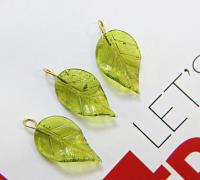 6 Iridescent Olive Green Glass Leaf Drop Beads With Embedded Loop 35 x 17 MM