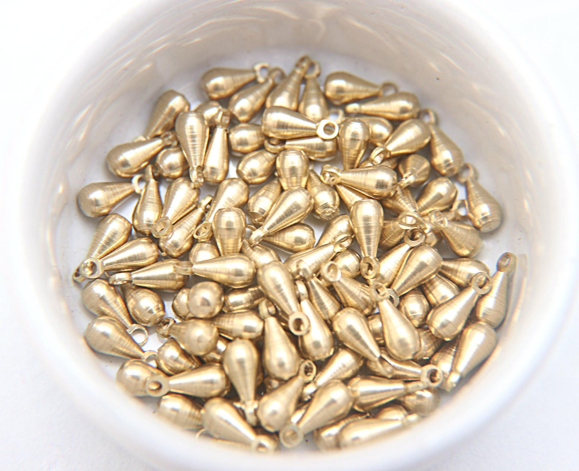 Long Metal Drops, Teardrop Charms, in brass 13x5.5mm, 2mm Loop, 12/60 pieces