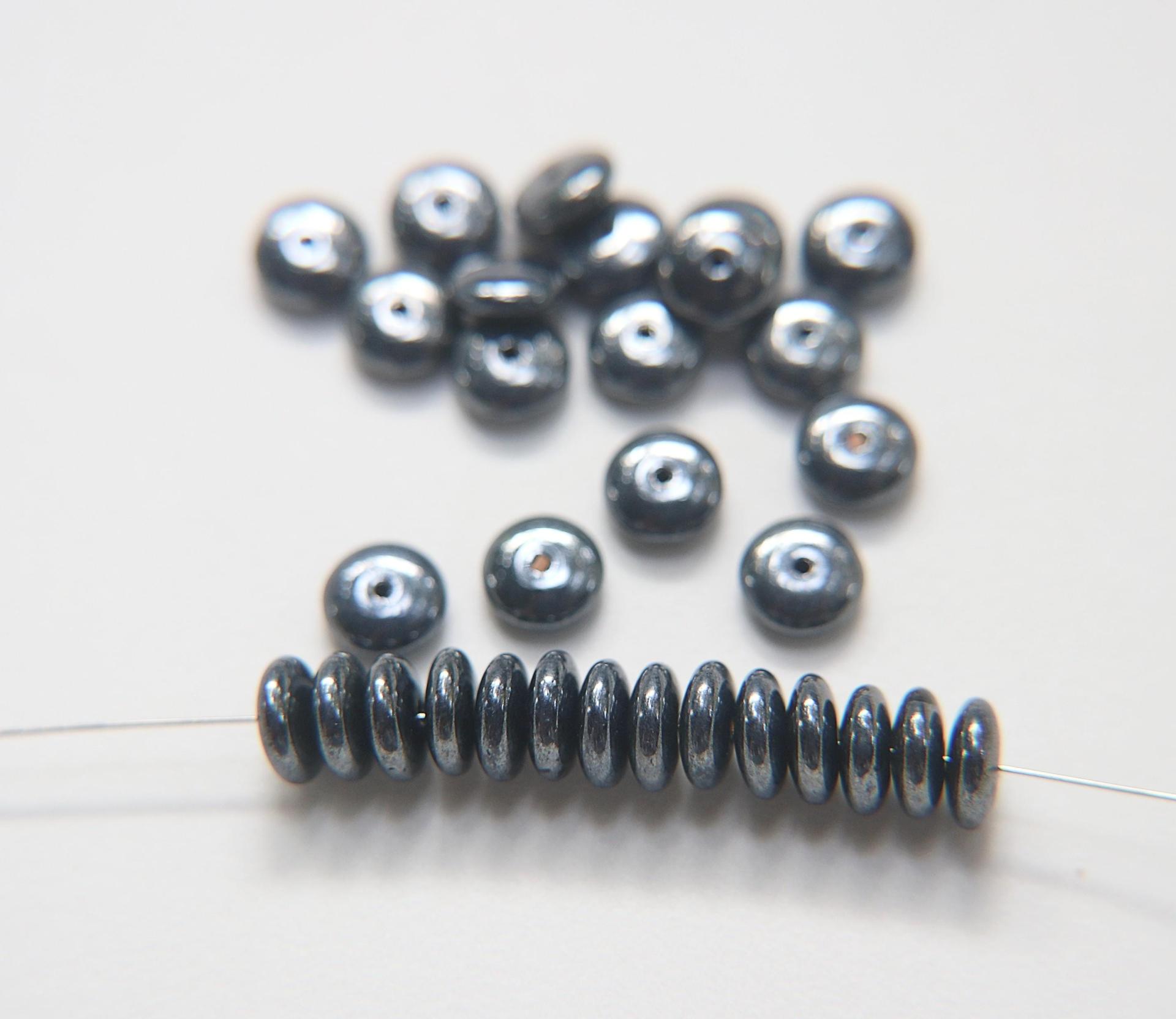 9mm Smooth Rondelle in Jet Hematite Pressed Czech Glass Beads Flat Disc Rondelle Spacer, spacer beads, wholesale beads