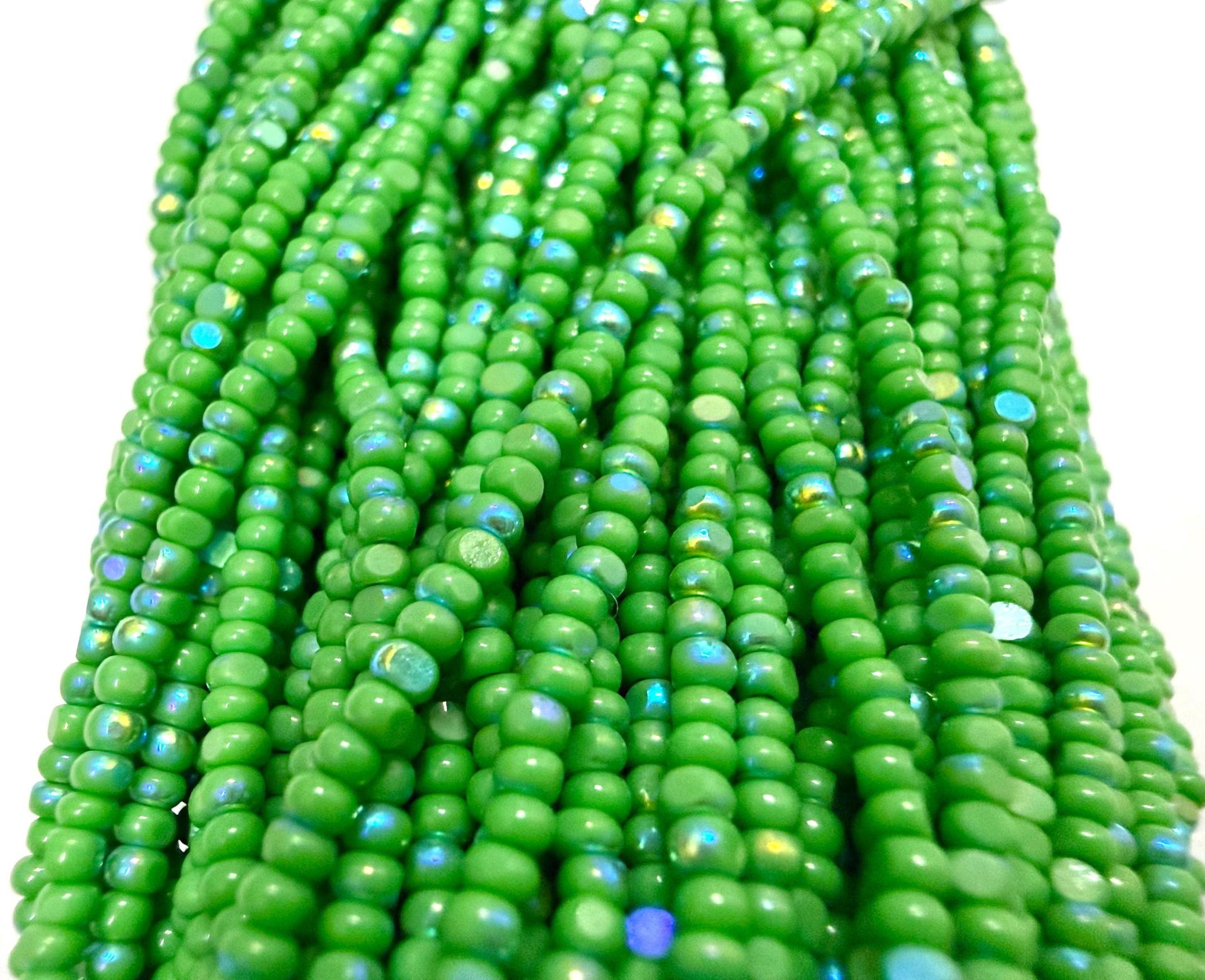 11/0 Charlotte Cut Seed Beads: Patina Opaque Green Aurore Boreale