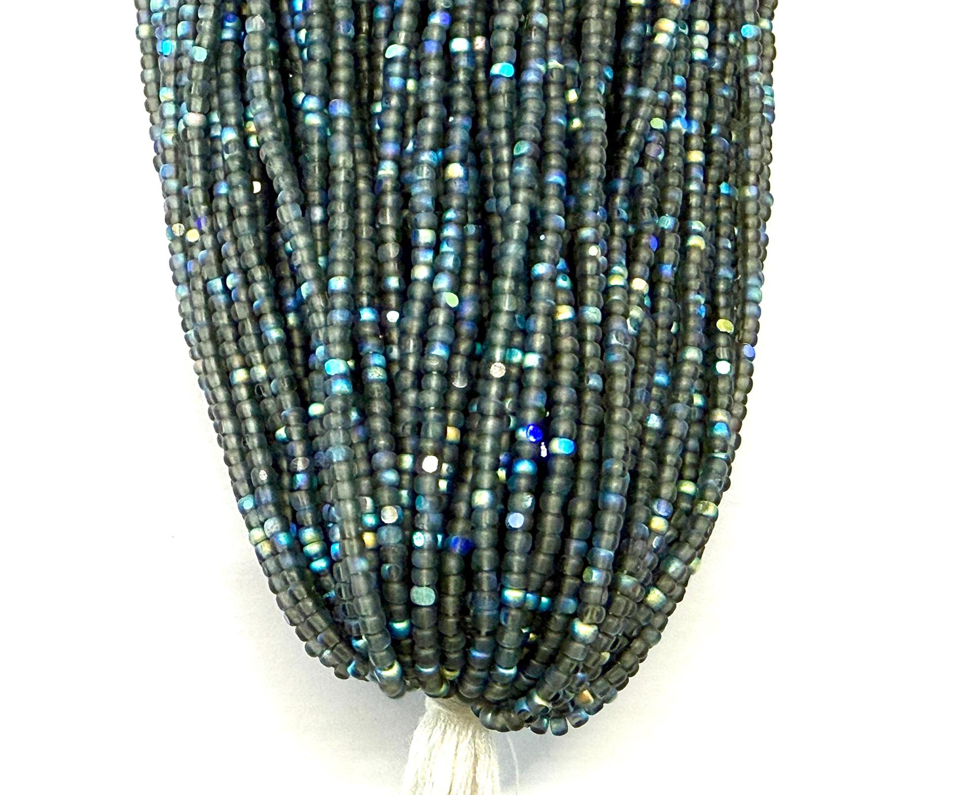 Charlotte Cut Seed Beads 11/0, Patina Matt Black Diamond Aurore Boreale