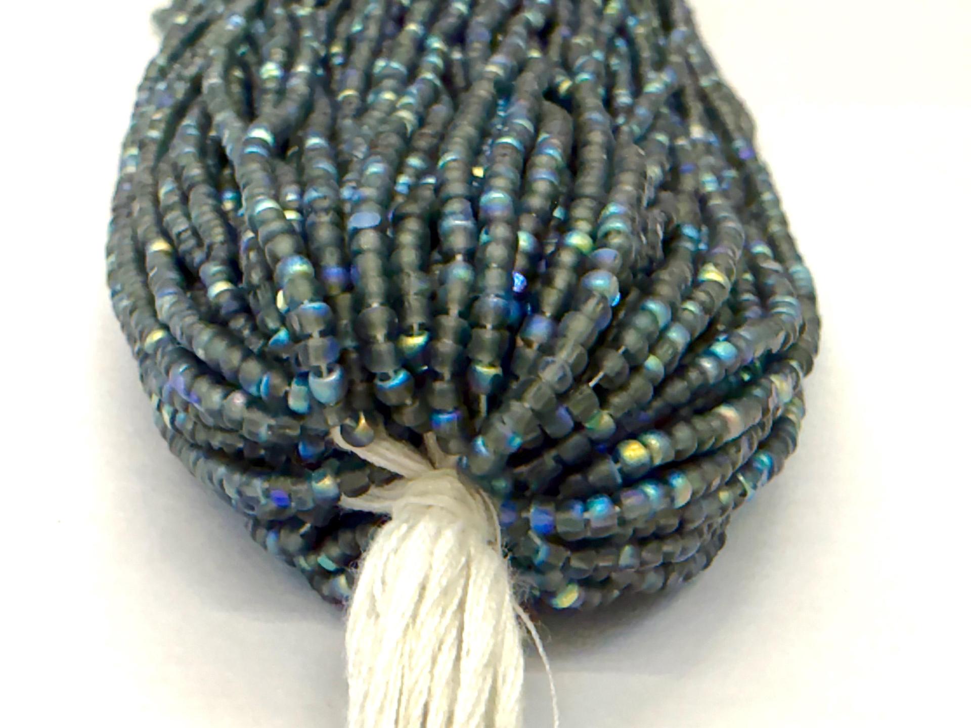 Charlotte Cut Seed Beads 11/0, Patina Matt Black Diamond Aurore Boreale