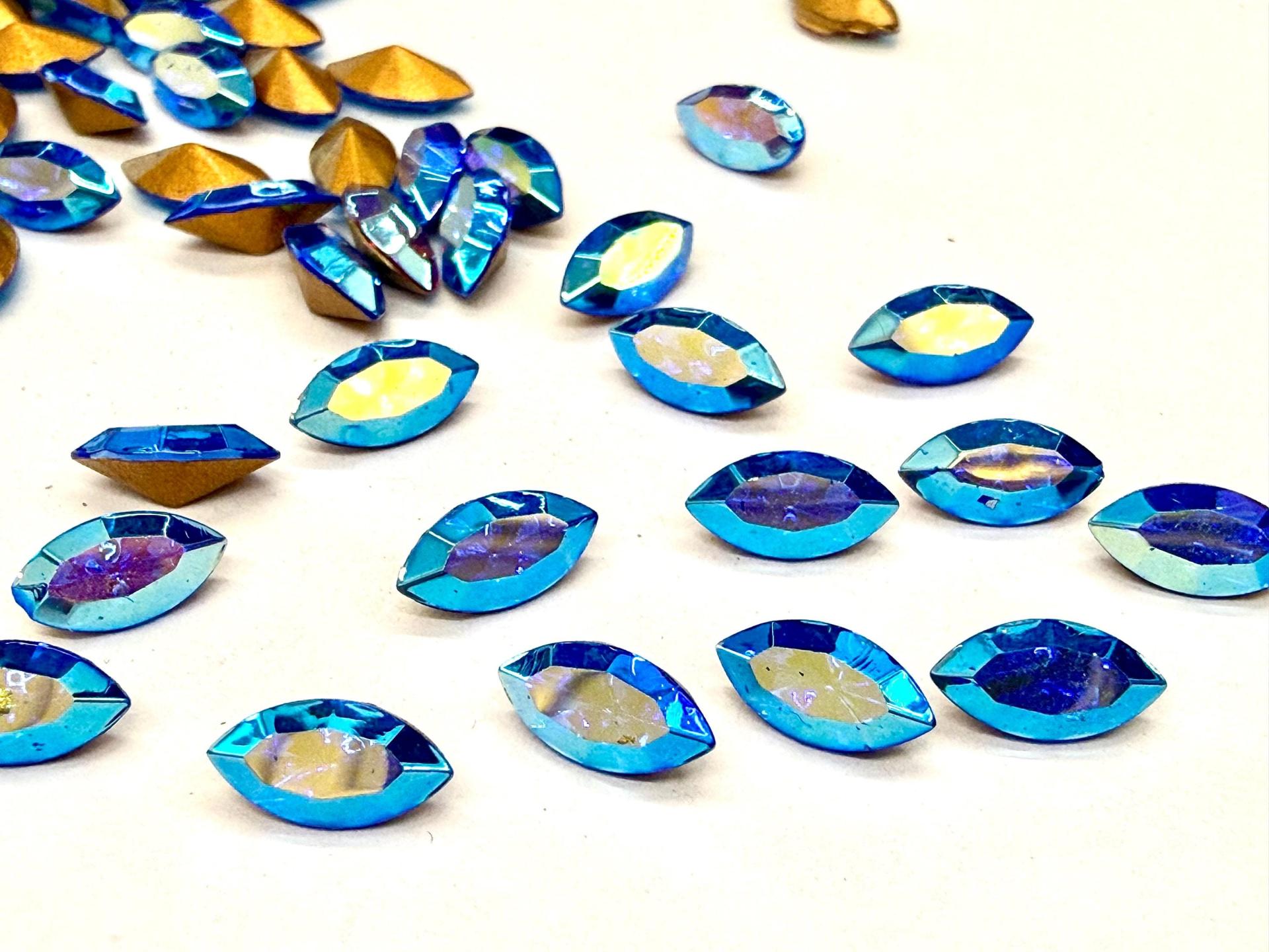 Vintage Swarovski Sapphire Aurore Boreale Navette, Jewelry Making Stones 8X4mm