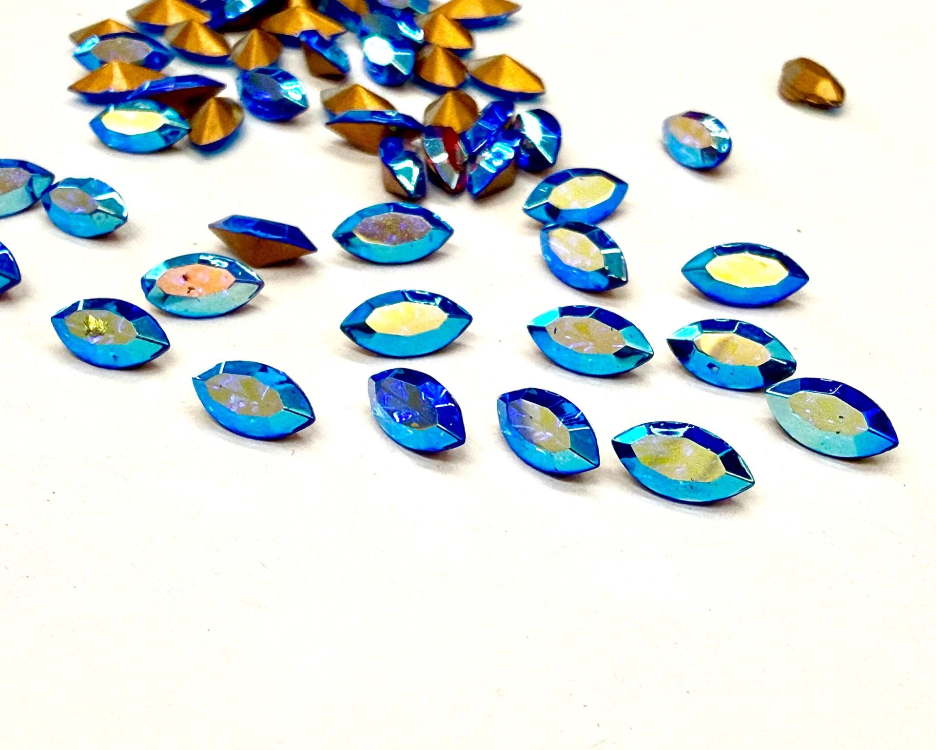 Vintage Swarovski Sapphire Aurore Boreale Navette, Jewelry Making Stones 8X4mm