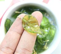 6 Iridescent Olive Green Glass Leaf Drop Beads With Embedded Loop 35 x 17 MM