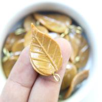 6 Iridescent Dried leaves Glass Leaf Drop Beads With Embedded Loop 35 x 17 MM