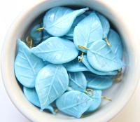 6 Iridescent Turquoise Glass Leaf Drop Beads With Embedded Loop 35 x 17 MM