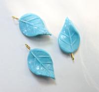 6 Iridescent Turquoise Glass Leaf Drop Beads With Embedded Loop 35 x 17 MM