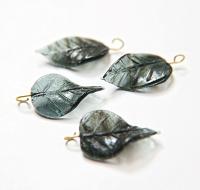 Iridescent Graphite Glass Leaf Drop Beads With Embedded Loop 35 x 17 MM Charms 6/30 pieces