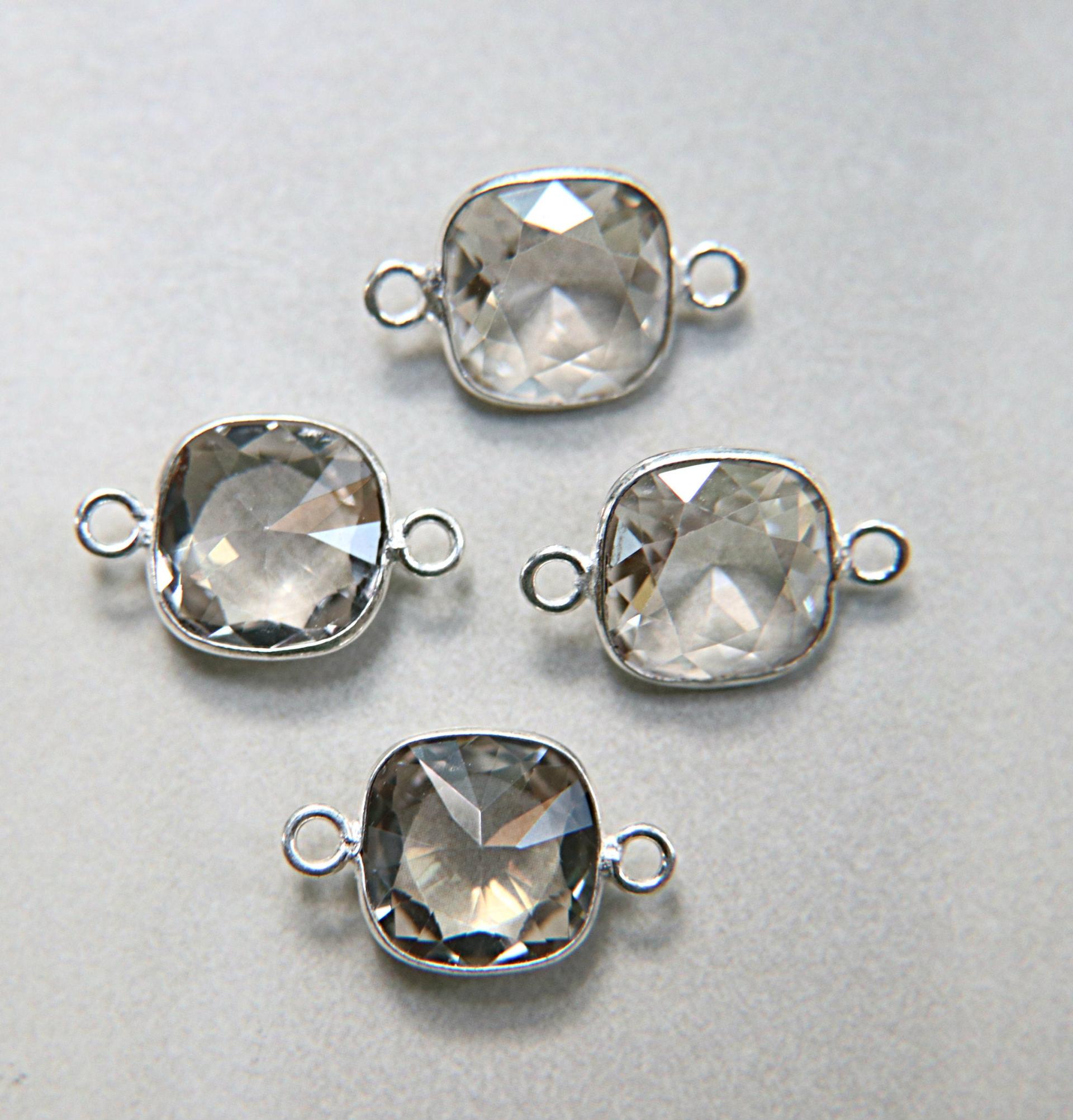 Swarovski 4470, Crystal Satin Unfoiled Faceted Square Fancy Stone 12MM in 2 Loop Sterling Silver Settings 1/6/12 Pieces