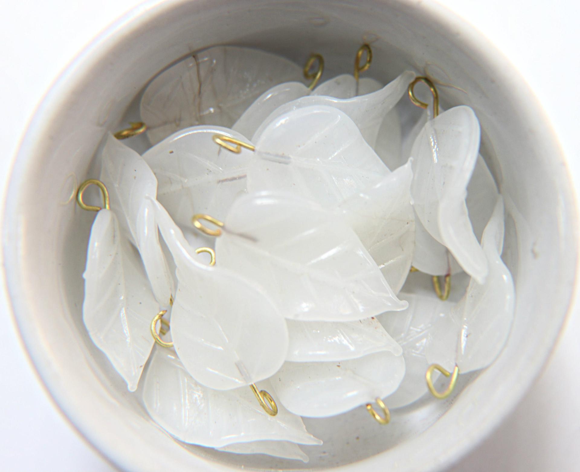 6 Iridescent White Alabaster Glass Leaf Drop Beads With Embedded Loop 35 x 17 MM Charms wedding decoration, vintage supply, jewelry making