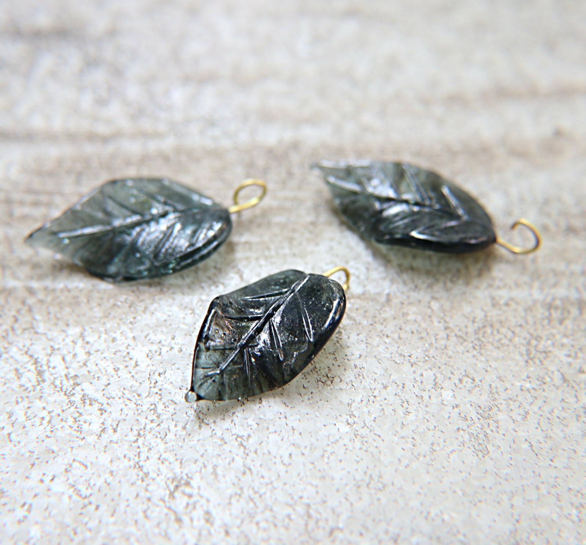 Iridescent Graphite Glass Leaf Drop Beads With Embedded Loop 35 x 17 MM Charms 6/30 pieces