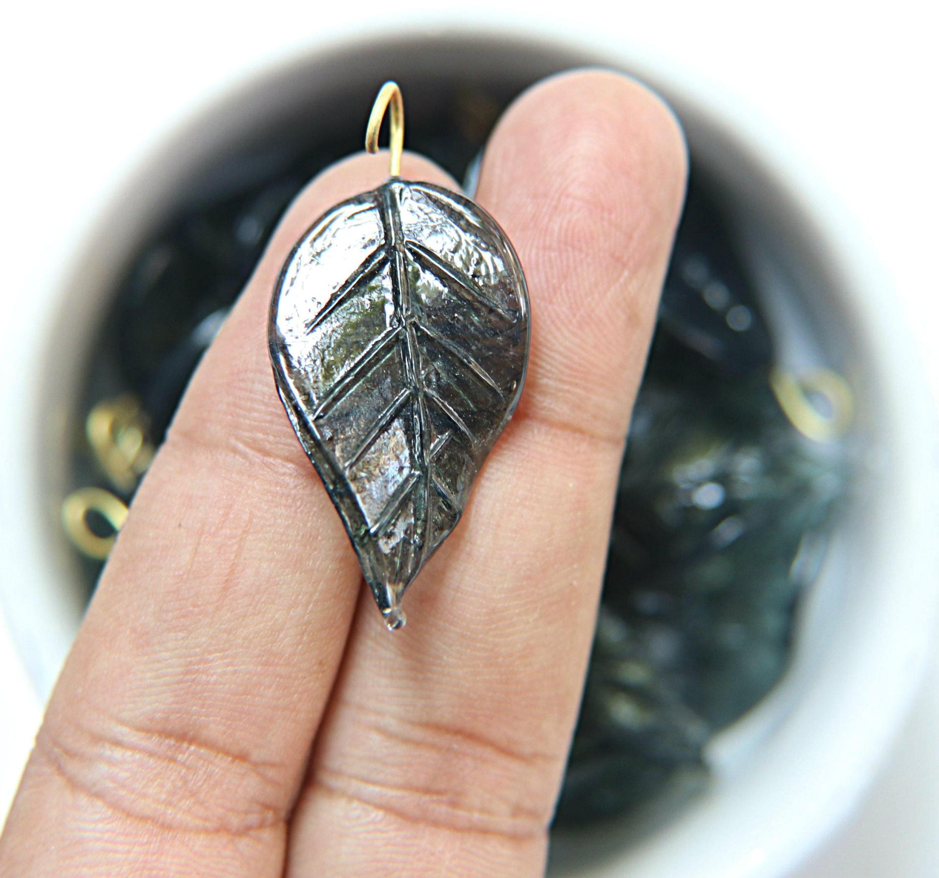 Iridescent Graphite Glass Leaf Drop Beads With Embedded Loop 35 x 17 MM Charms 6/30 pieces