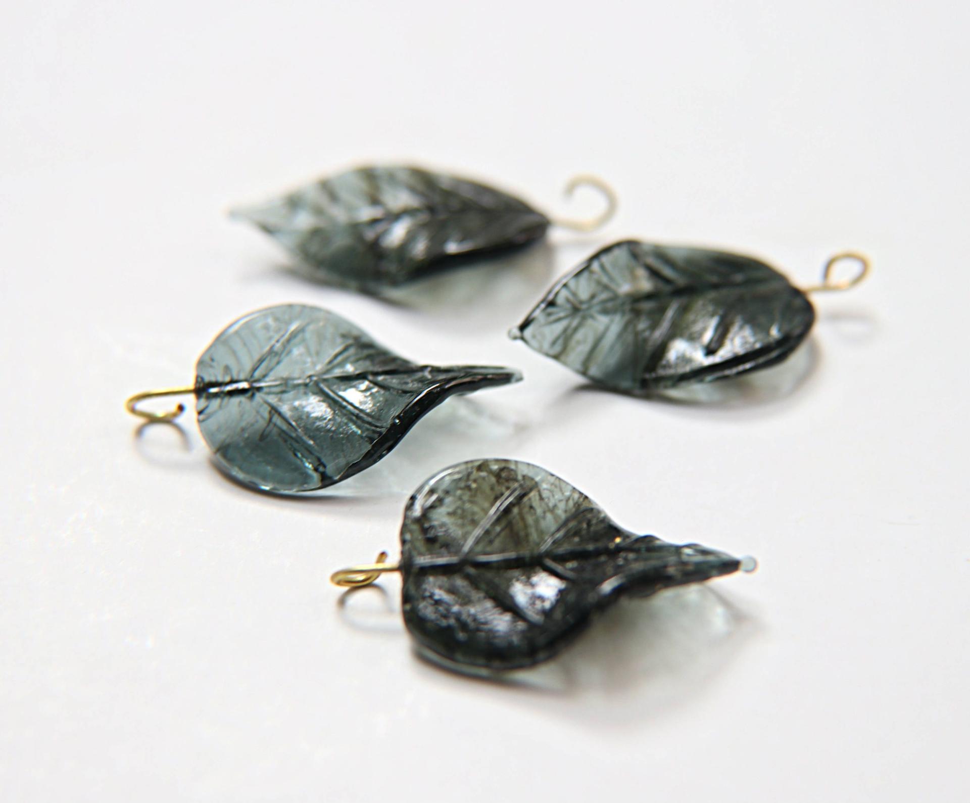 Iridescent Graphite Glass Leaf Drop Beads With Embedded Loop 35 x 17 MM Charms 6/30 pieces