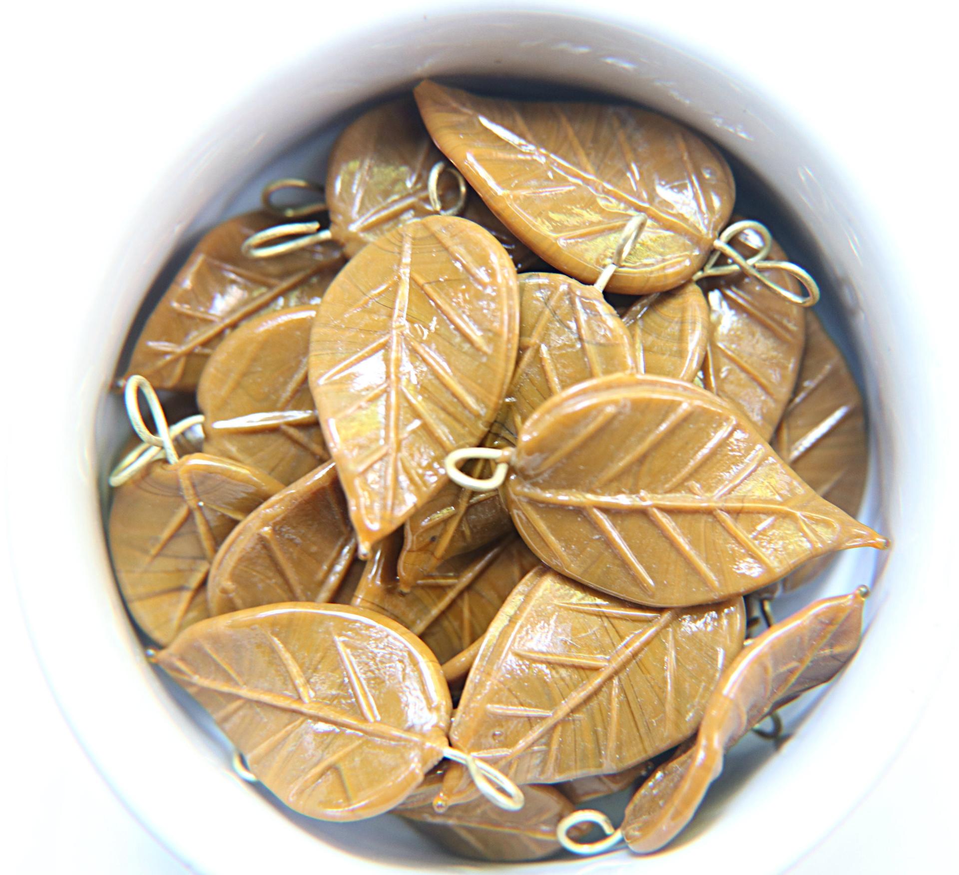 6 Iridescent Dried leaves Glass Leaf Drop Beads With Embedded Loop 35 x 17 MM