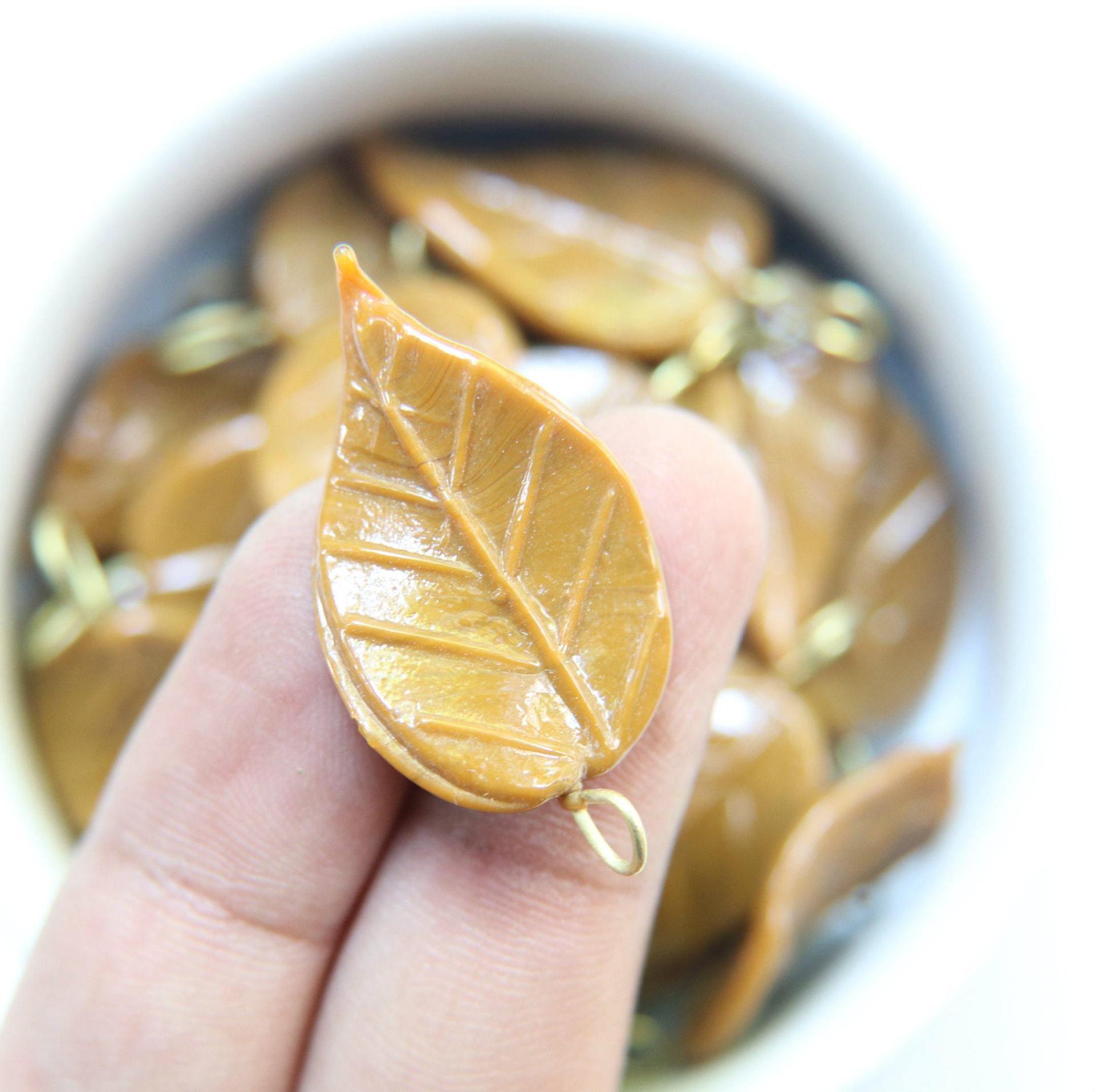 6 Iridescent Dried leaves Glass Leaf Drop Beads With Embedded Loop 35 x 17 MM
