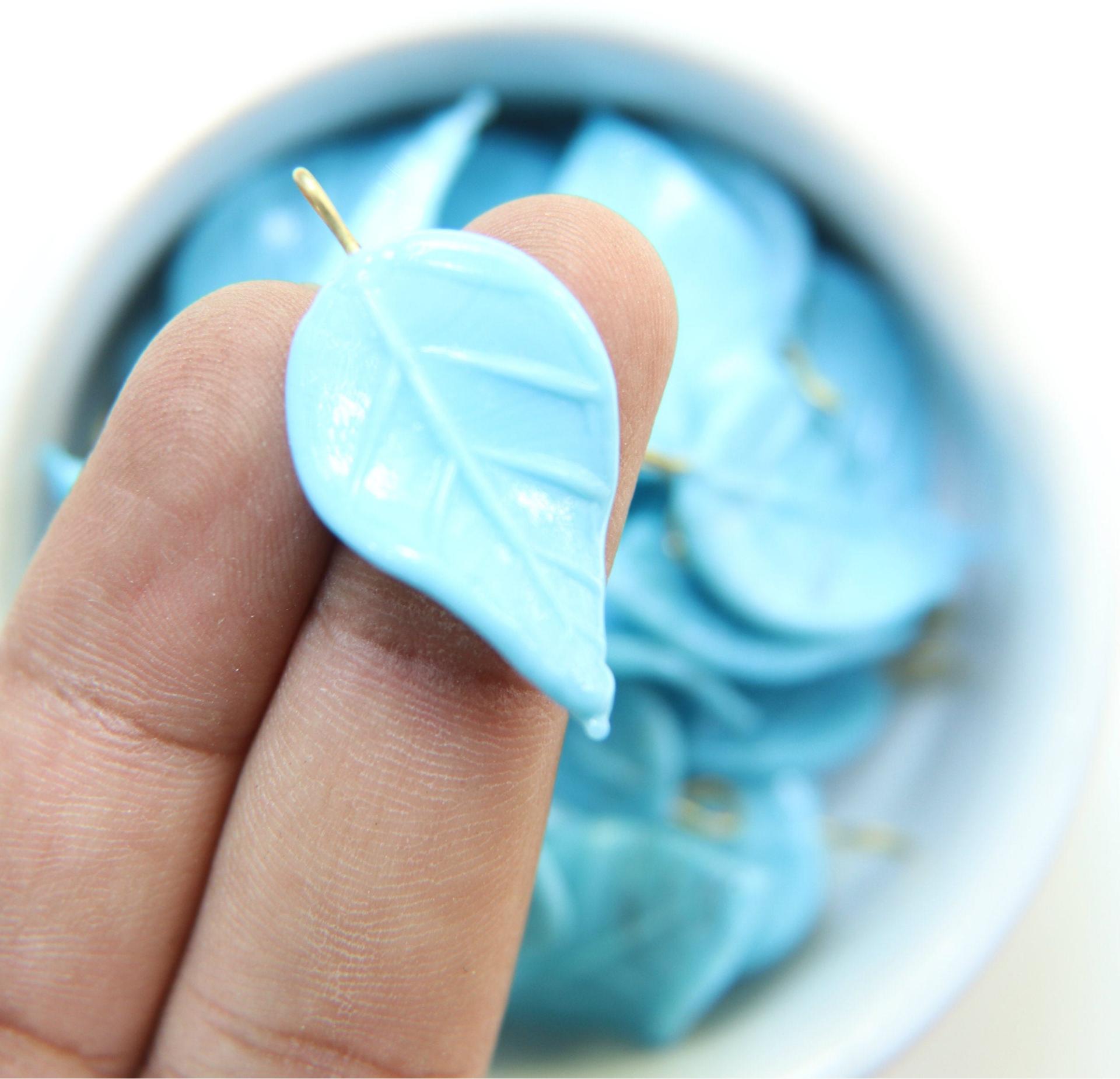 6 Iridescent Turquoise Glass Leaf Drop Beads With Embedded Loop 35 x 17 MM