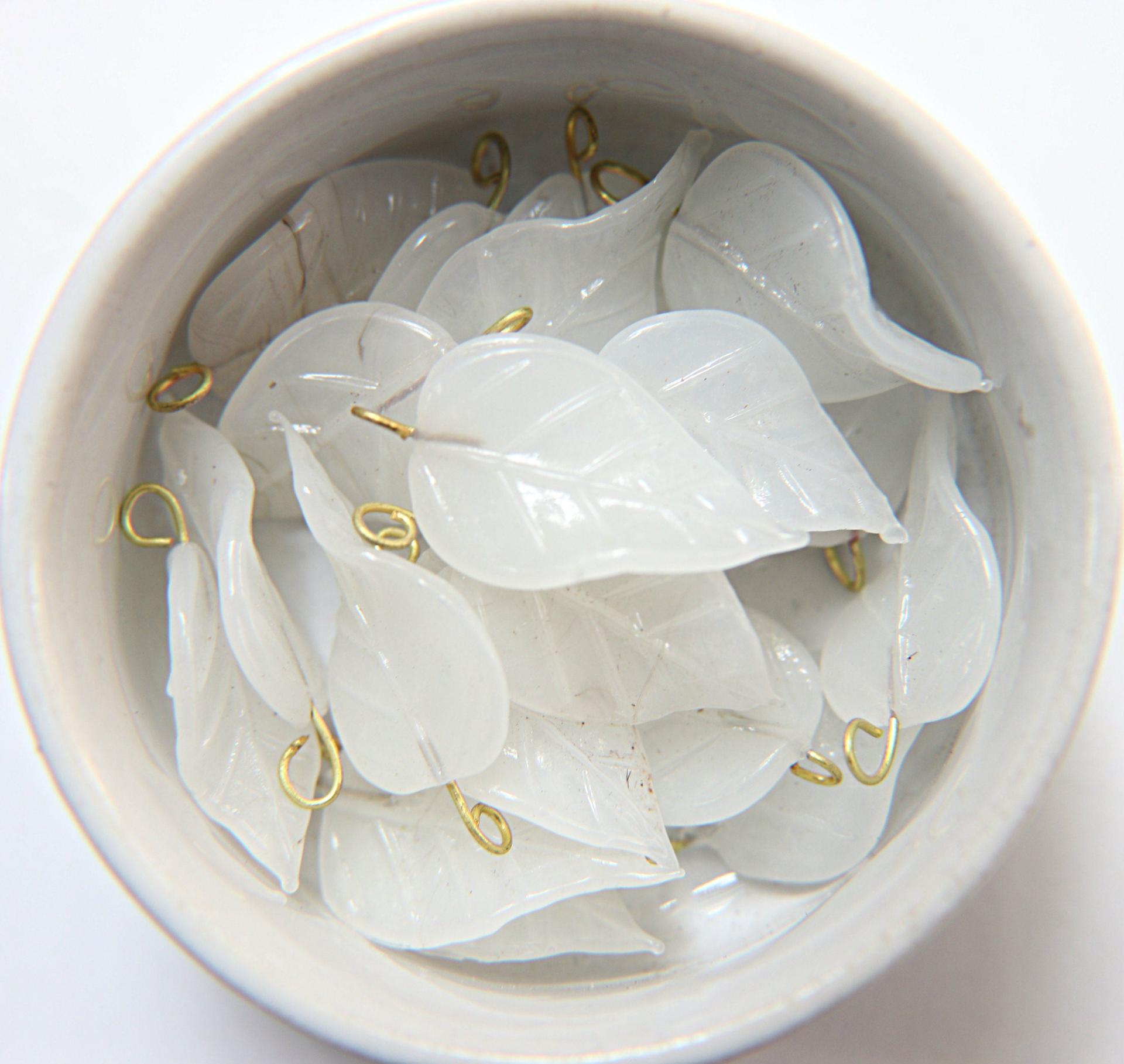 6 Iridescent White Alabaster Glass Leaf Drop Beads With Embedded Loop 35 x 17 MM Charms wedding decoration, vintage supply, jewelry making