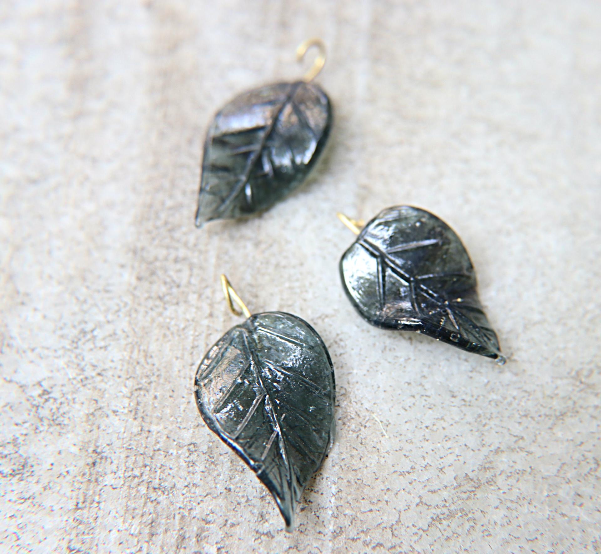 Iridescent Graphite Glass Leaf Drop Beads With Embedded Loop 35 x 17 MM Charms 6/30 pieces