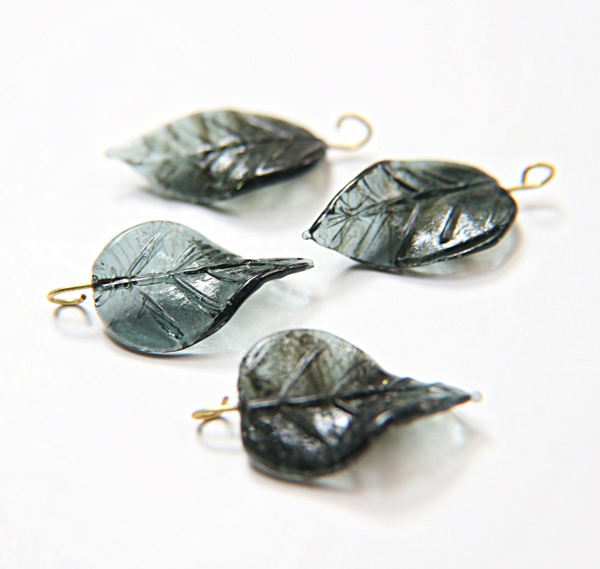 Iridescent Graphite Glass Leaf Drop Beads With Embedded Loop 35 x 17 MM Charms 6/30 pieces