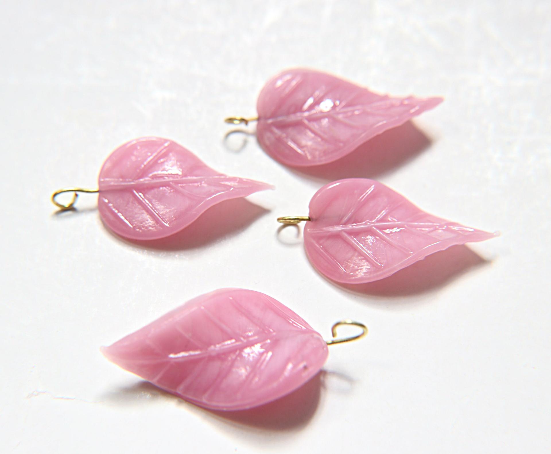 Iridescent Misty Rose Glass Leaf Drop Beads With Embedded Loop 35 x 17 MM Charms 6/30 pieces