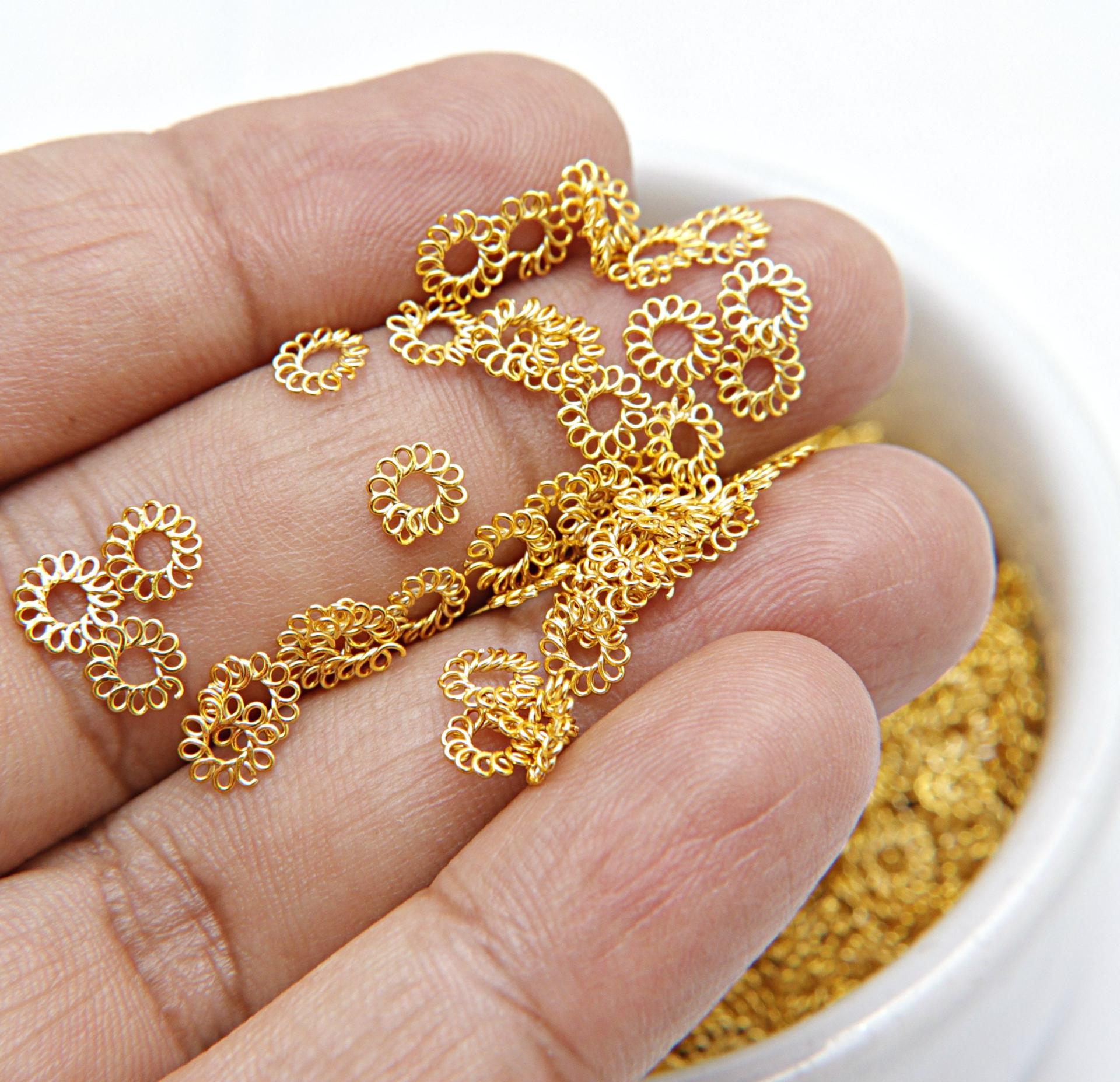 Gold Plated Handmade Brass Flower Beads 5/10/100/500 Grams 4.5/5/5.5 mm Haute Couture Embroidery materials, premium vintage metal beads