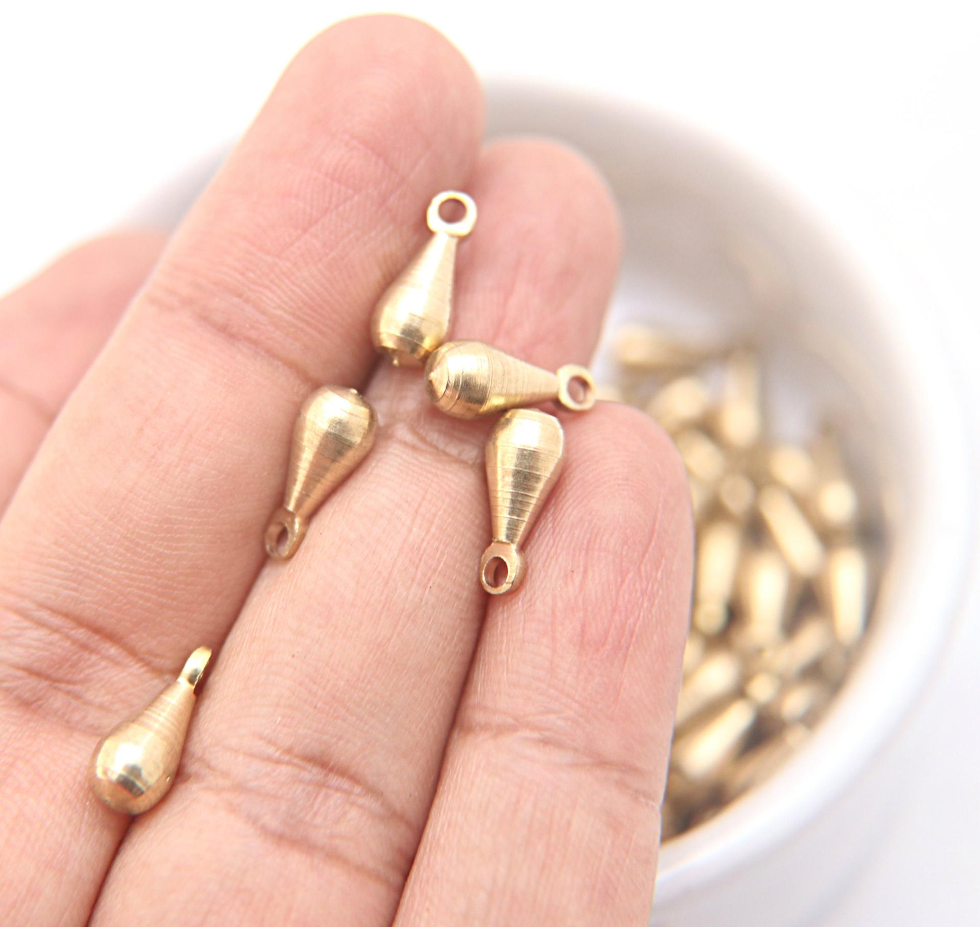 Long Metal Drops, Teardrop Charms, in brass 13x5.5mm, 2mm Loop, 12/60 pieces