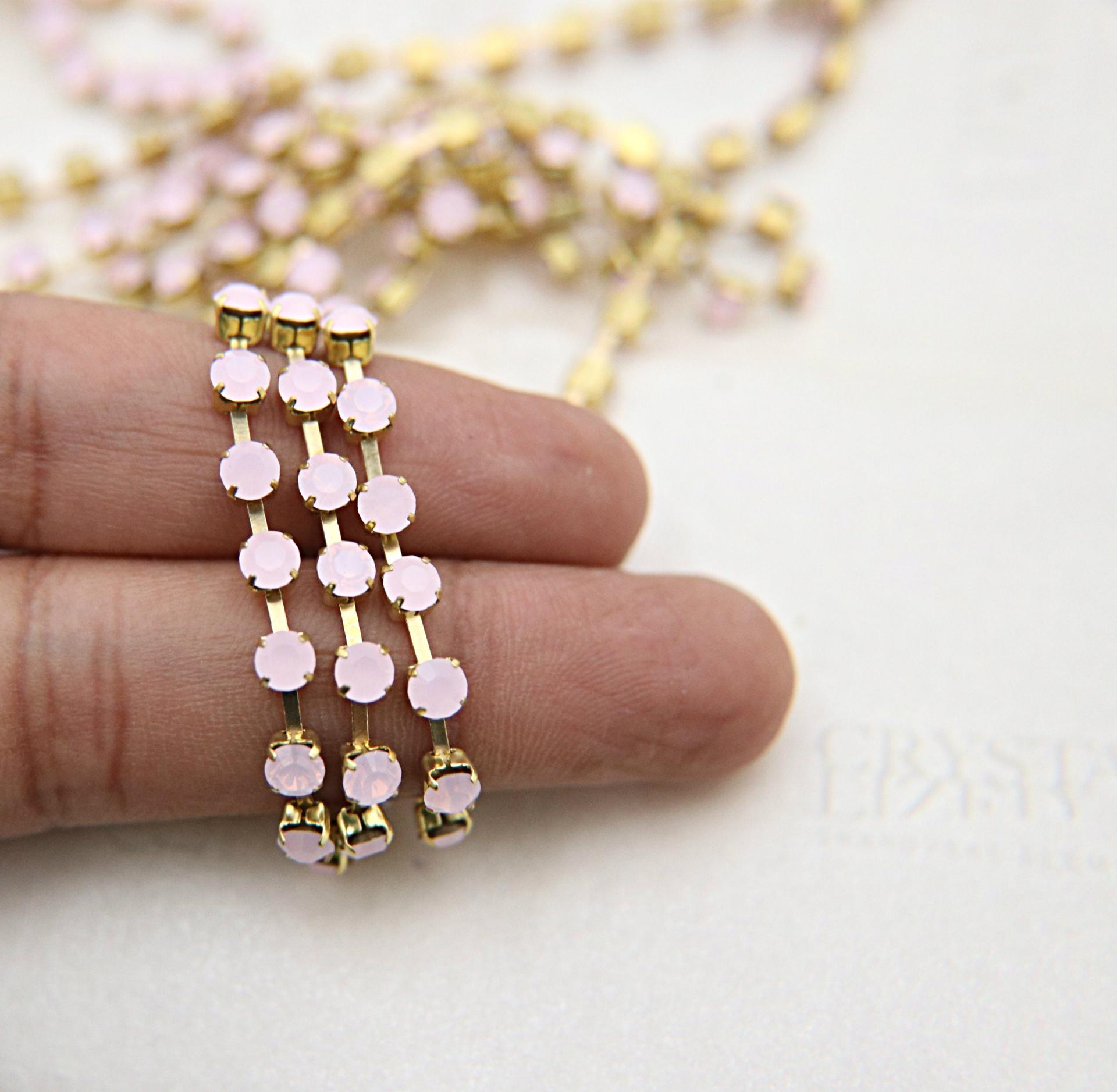 1 YARD 2mm Rhinestones Cup Chain Opal Pink Color in Rose Gold/gold Color  Setting 2mm SS6 Sold by the Yard 