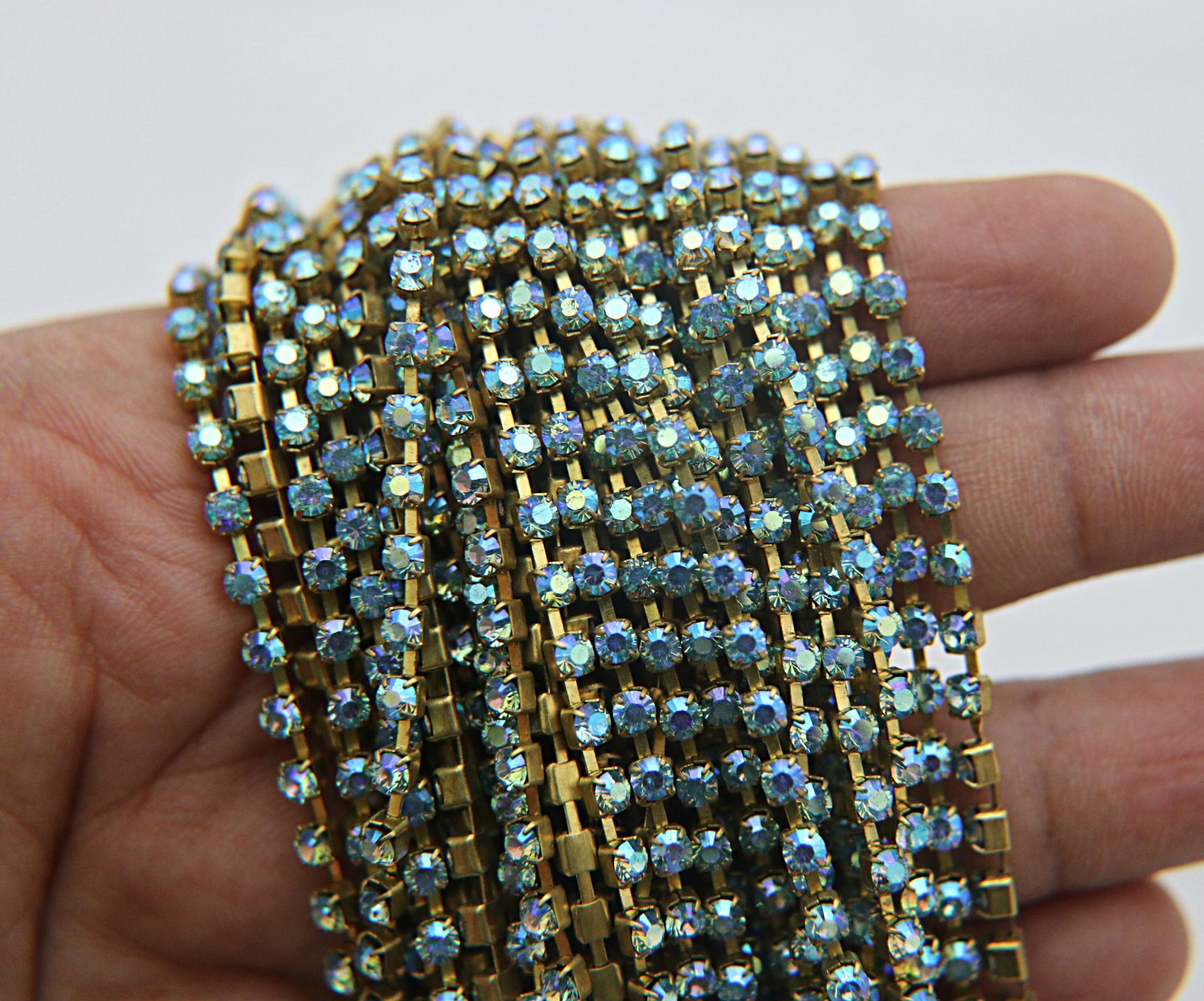 12 SS Rhinestone Chain Swarovski Aquamarine AB 3mm 0.5/1/2/5 Meters strass chains, couture materials jewelry making, embroidery materials