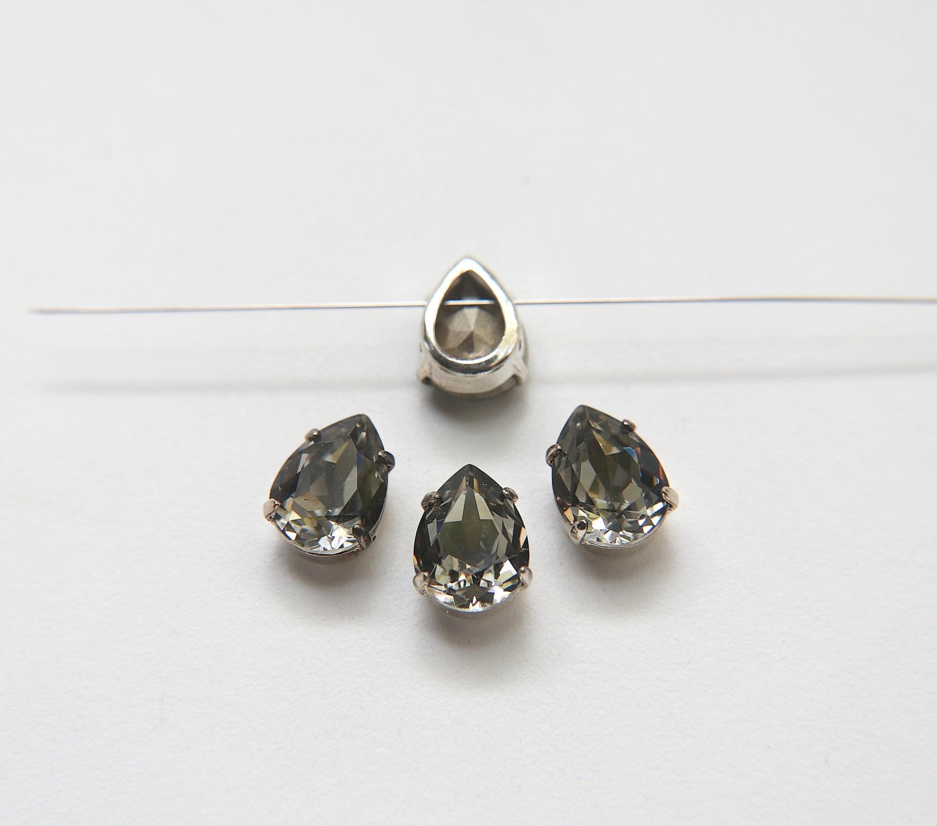 Swarovski 10X14 Pear Silver Vintage Clips Sewon 4 hole in Crystal Settings embroidery materials sewing jewelry making craft vintage supplies