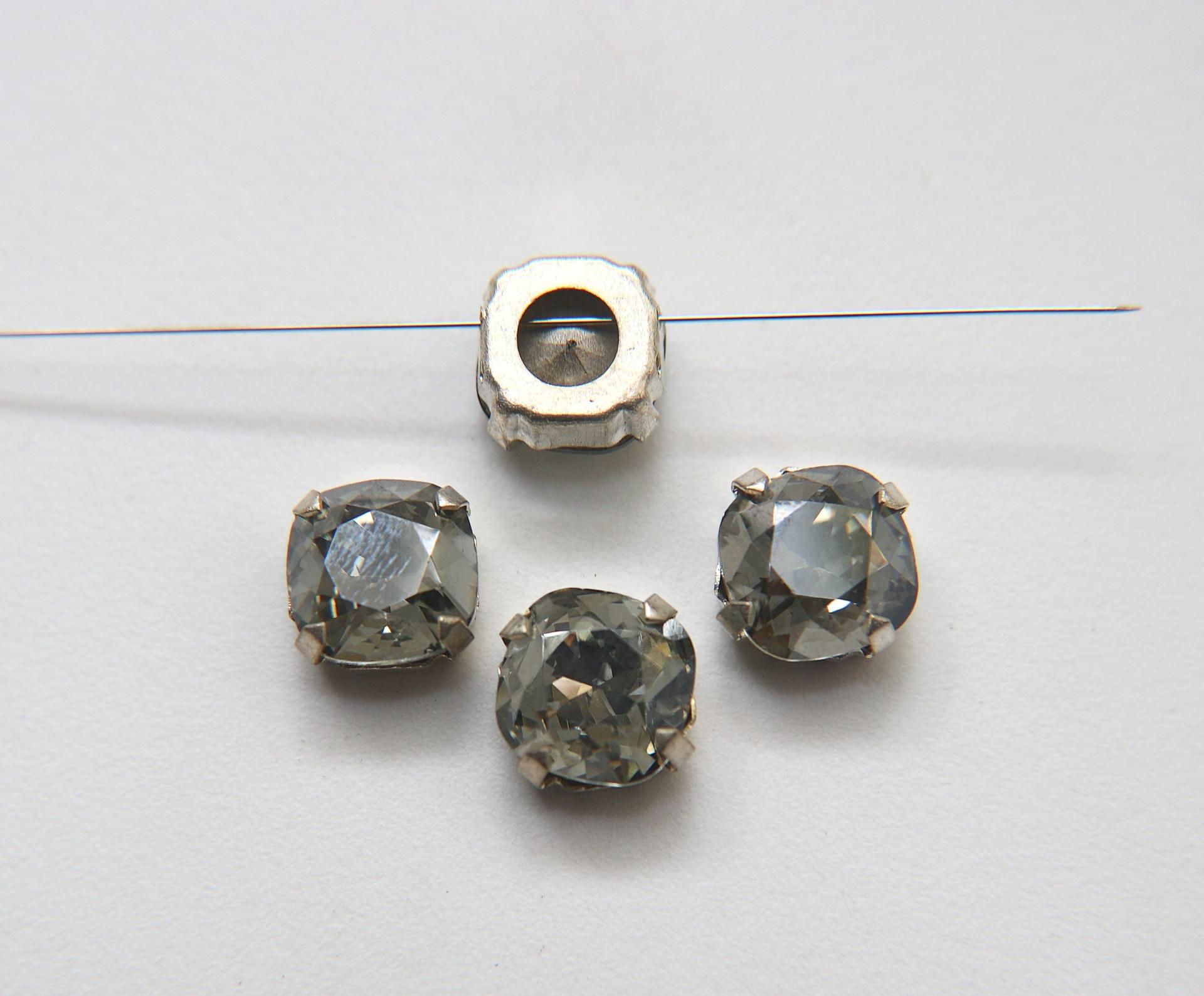 Swarovski 12mm Crystal Satin 4470 cushion Silver Clips Sewon 4 hole embroidery materials sewing jewelry making craft vintage supplies
