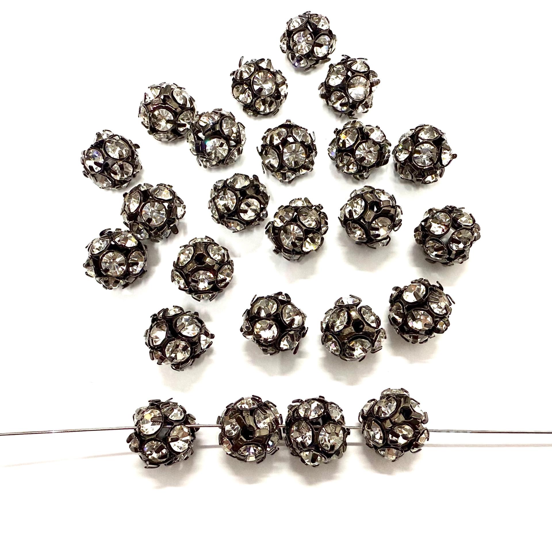 Vintage Swarovski crystal ball bead 11mm crystals rhinestones in black color setting the setting made of brass- RARE jewelry making craft