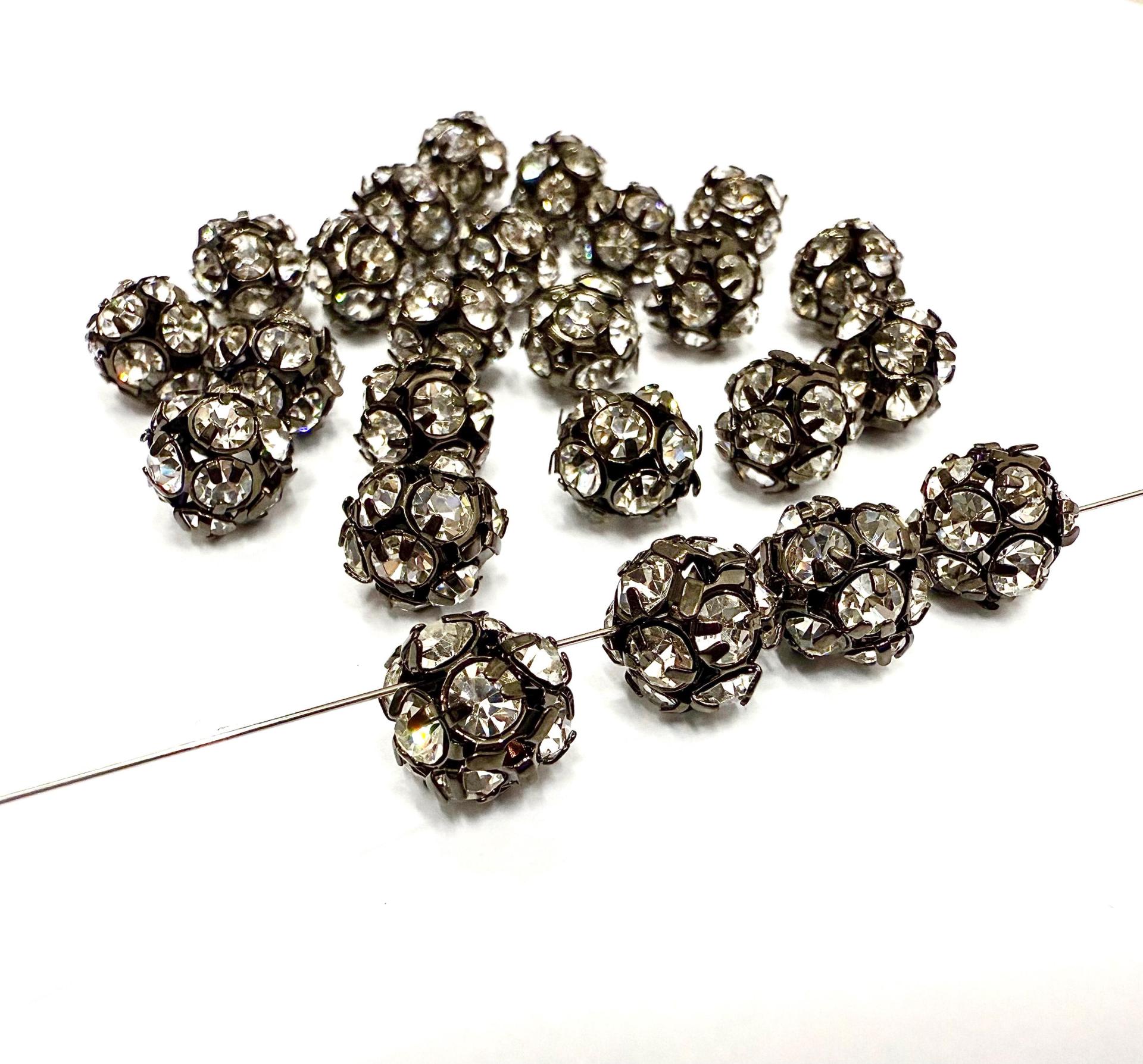 Vintage Swarovski crystal ball bead 11mm crystals rhinestones in black color setting the setting made of brass- RARE jewelry making craft