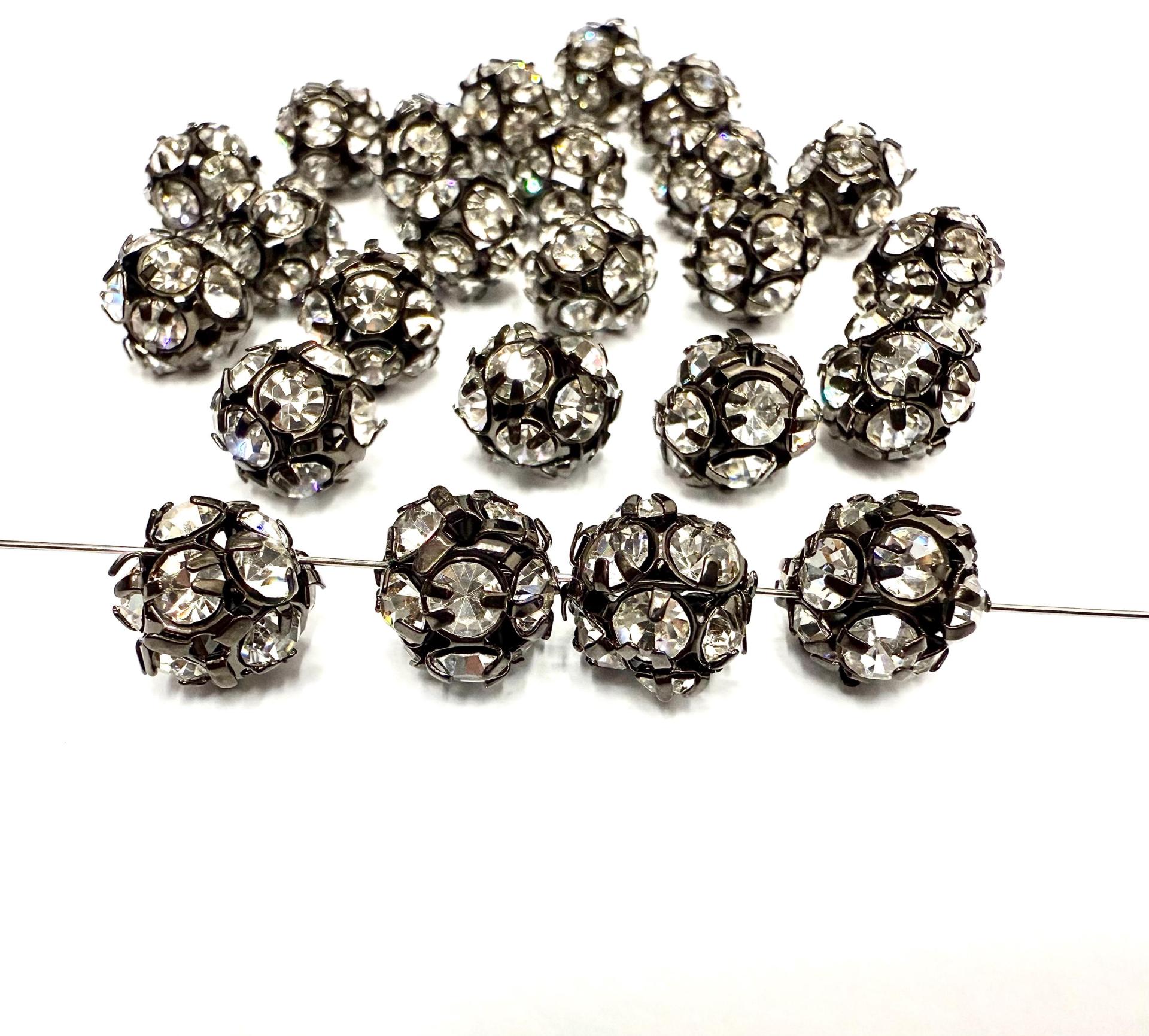 Vintage Swarovski crystal ball bead 11mm crystals rhinestones in black color setting the setting made of brass- RARE jewelry making craft