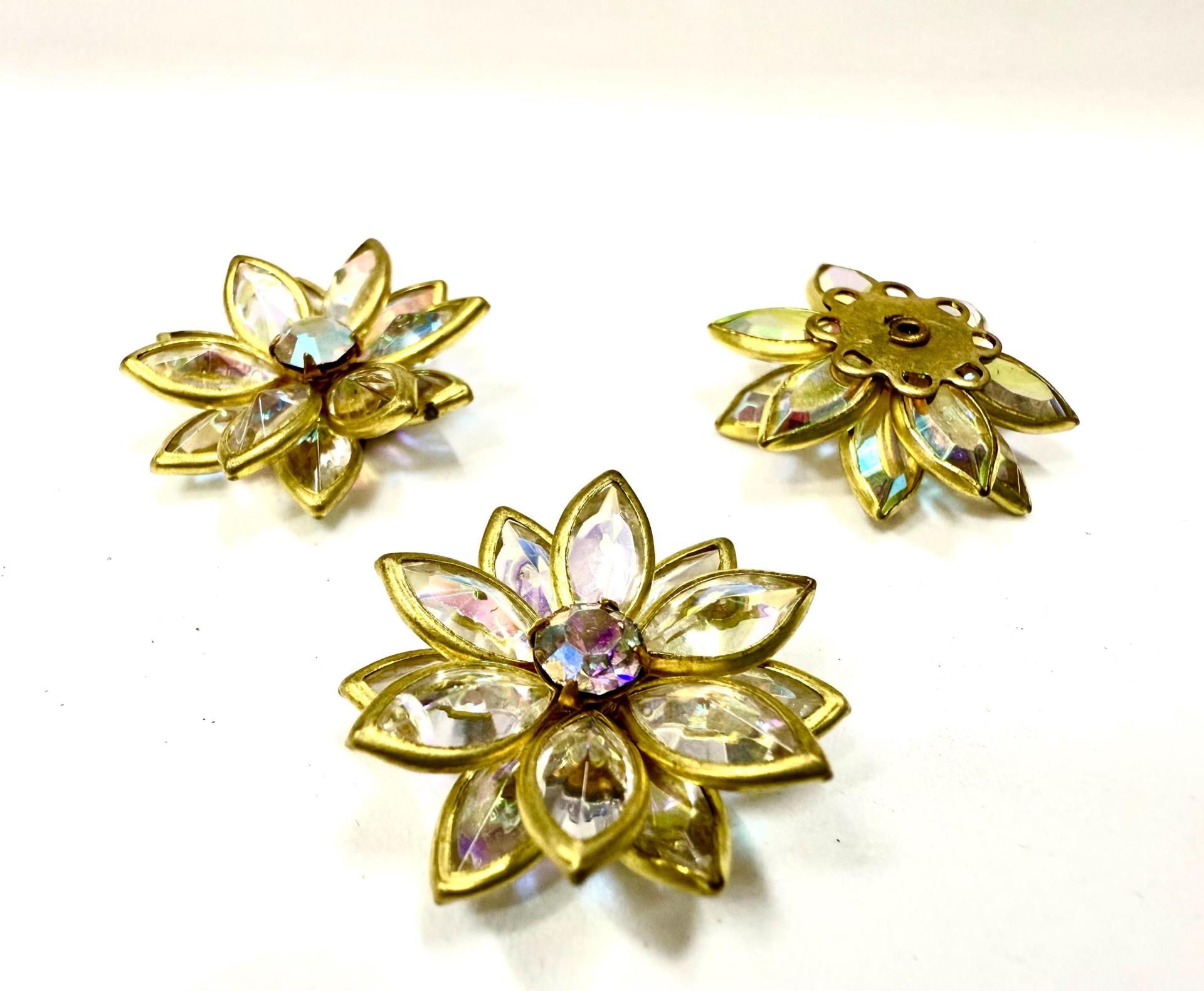 25mm Vintage channel beads in unfoiled crystal AB Navette Flower crystals embedded in brass metal flower DIY Supplies wedding decorations