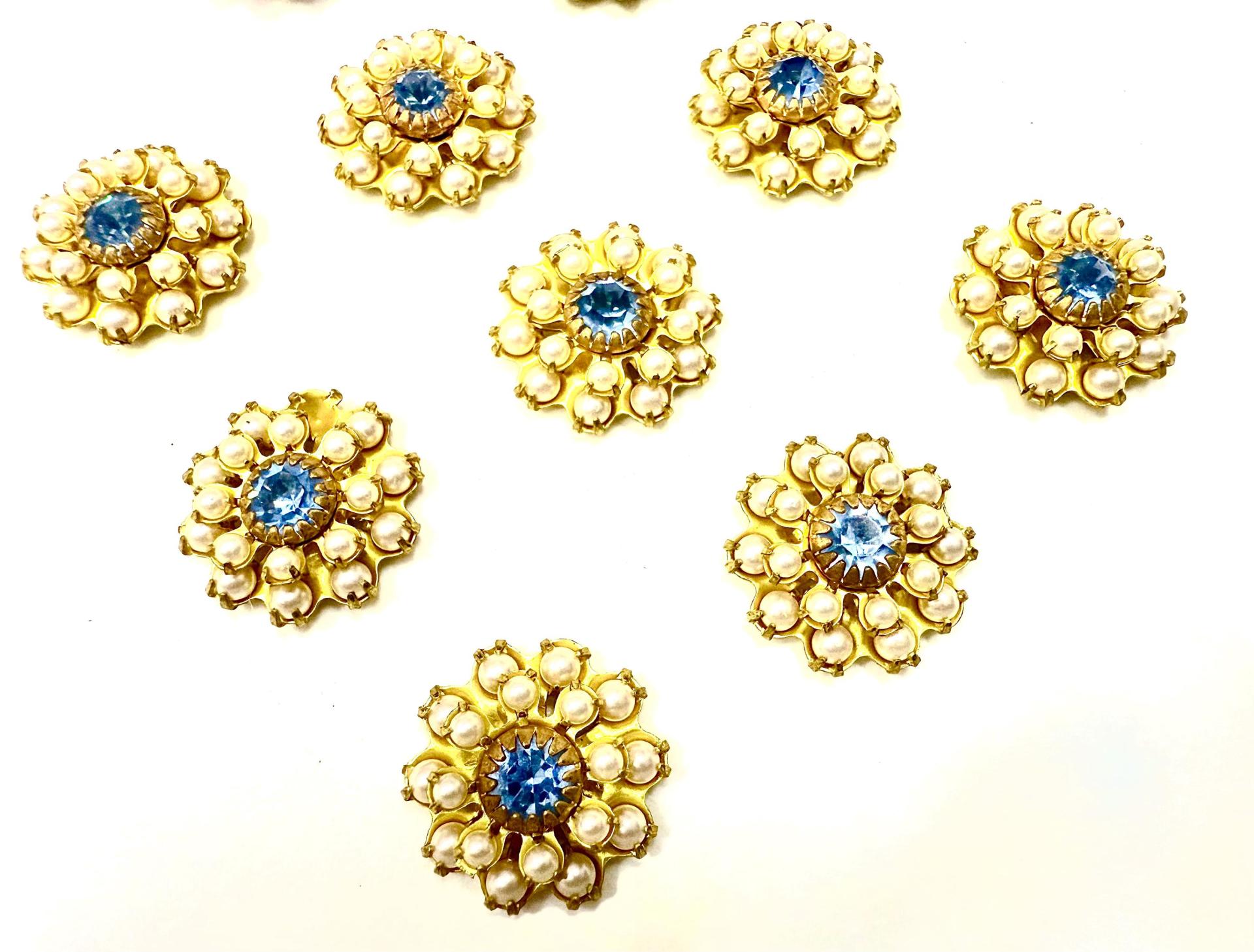 16mm Vintage brass Swarovski Flower Design in pearls and blue crystal Embellishment DIY Supplies wedding decorations