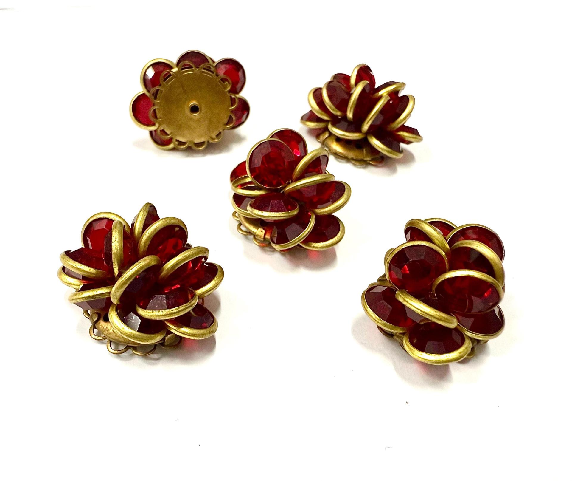 Vintage Siam Crystal Flower Beads, Brass DIY Supplies (25x22mm)