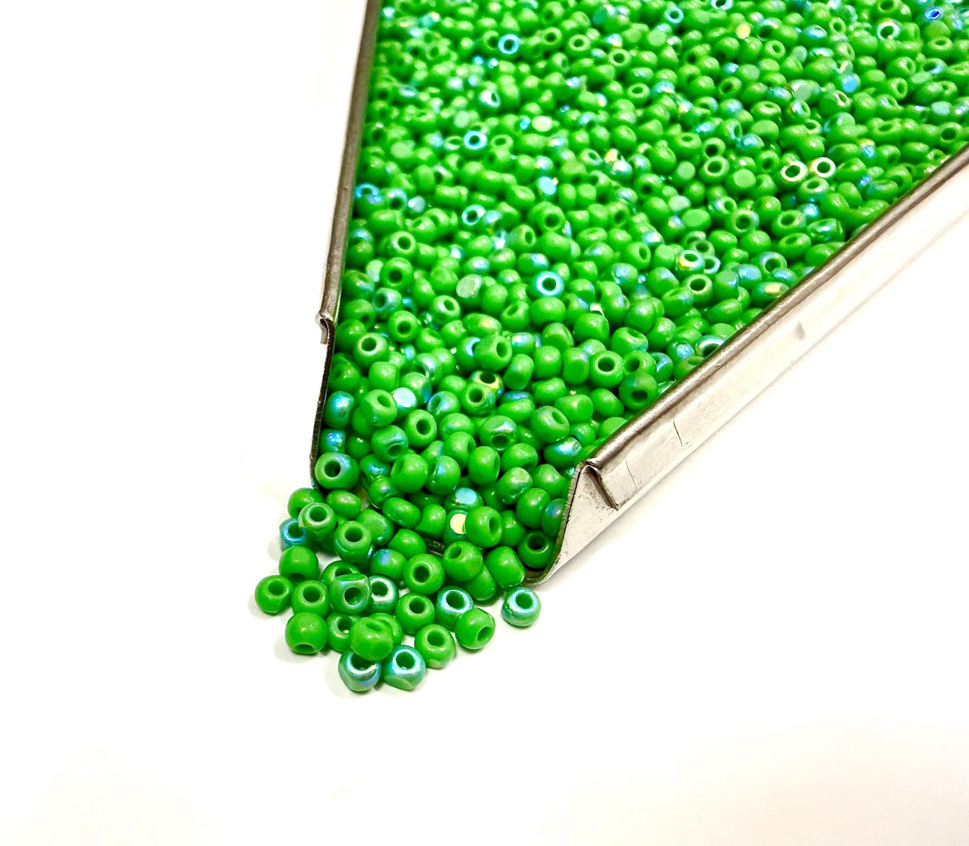 Patina Opaque Green Aurore Boreale Charlotte Cut Beads, 11/0