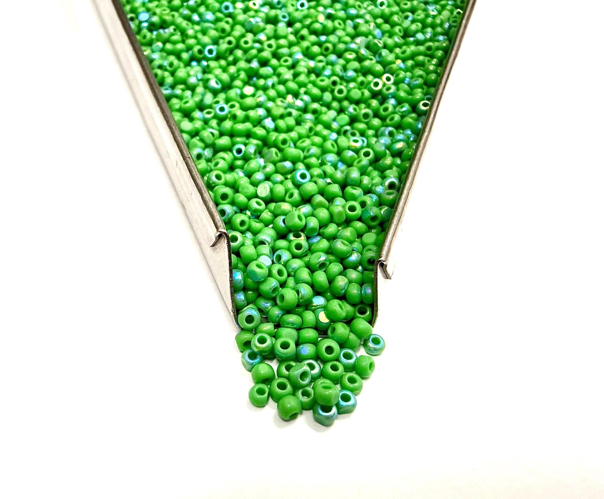 Patina Opaque Green Aurore Boreale Charlotte Cut Beads, 11/0