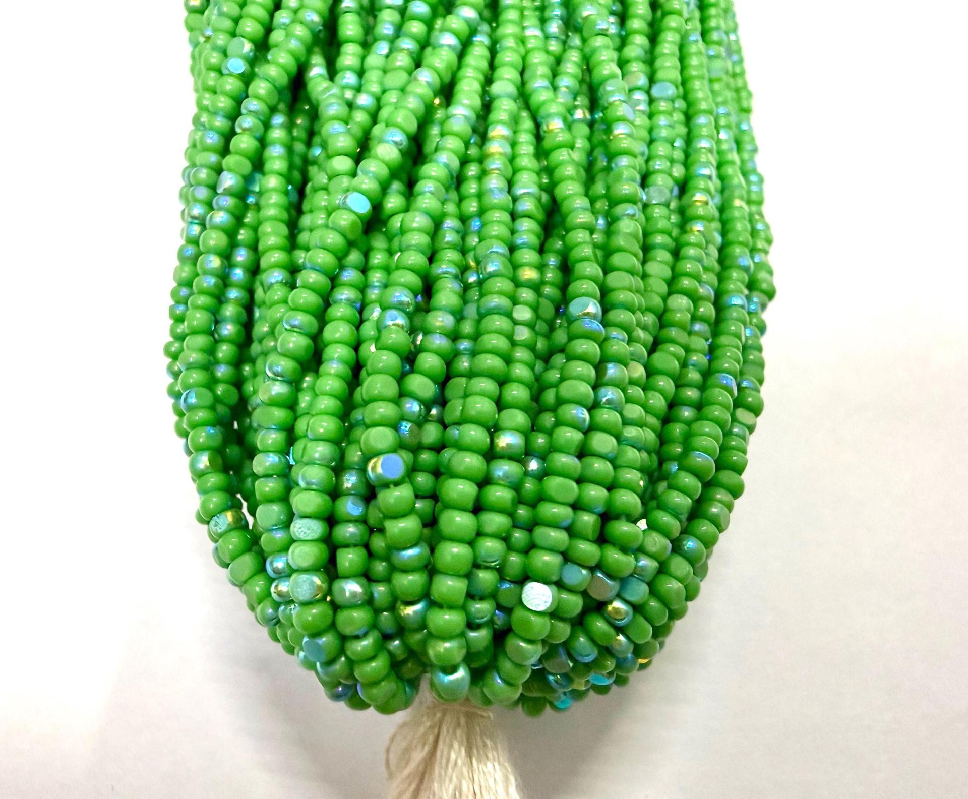 11/0 Charlotte Cut Seed Beads: Patina Opaque Green Aurore Boreale