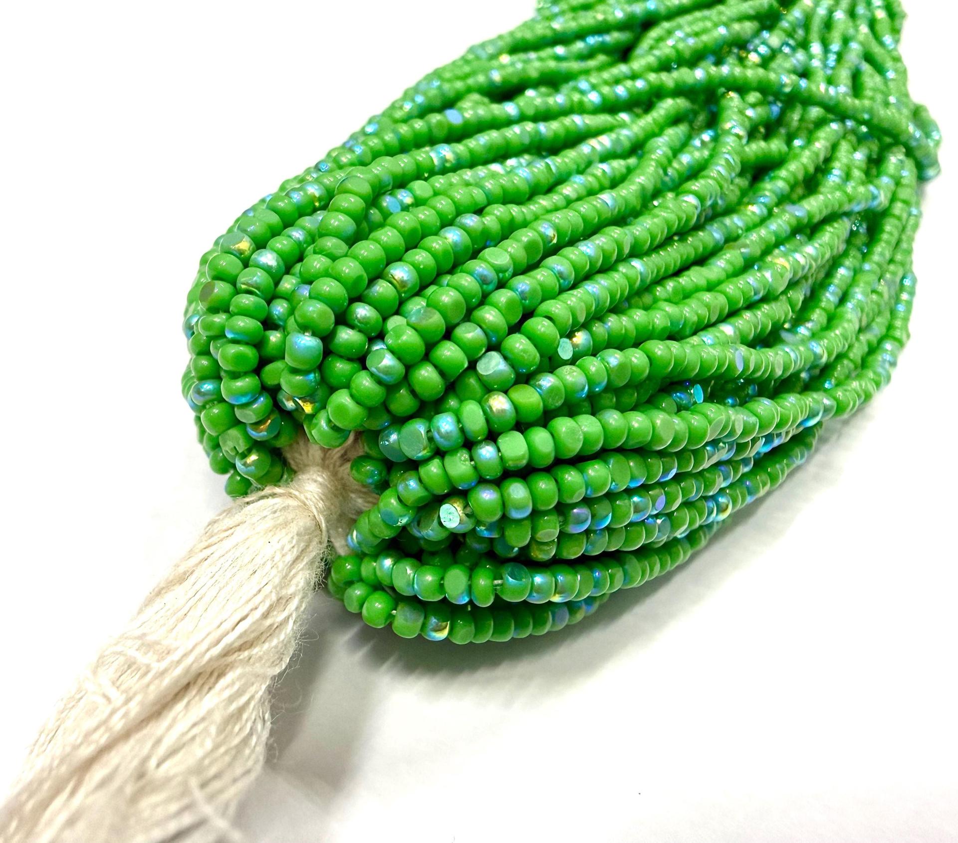 11/0 Charlotte Cut Seed Beads: Patina Opaque Green Aurore Boreale