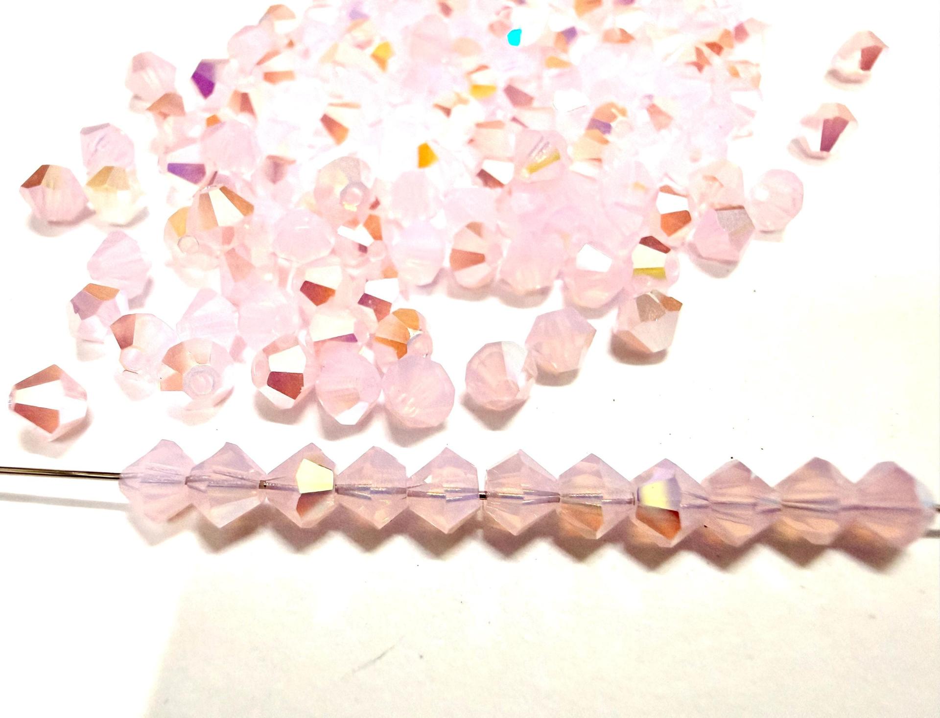 4mm Rose Opal Bicone Beads, Preciosa Crystal AB