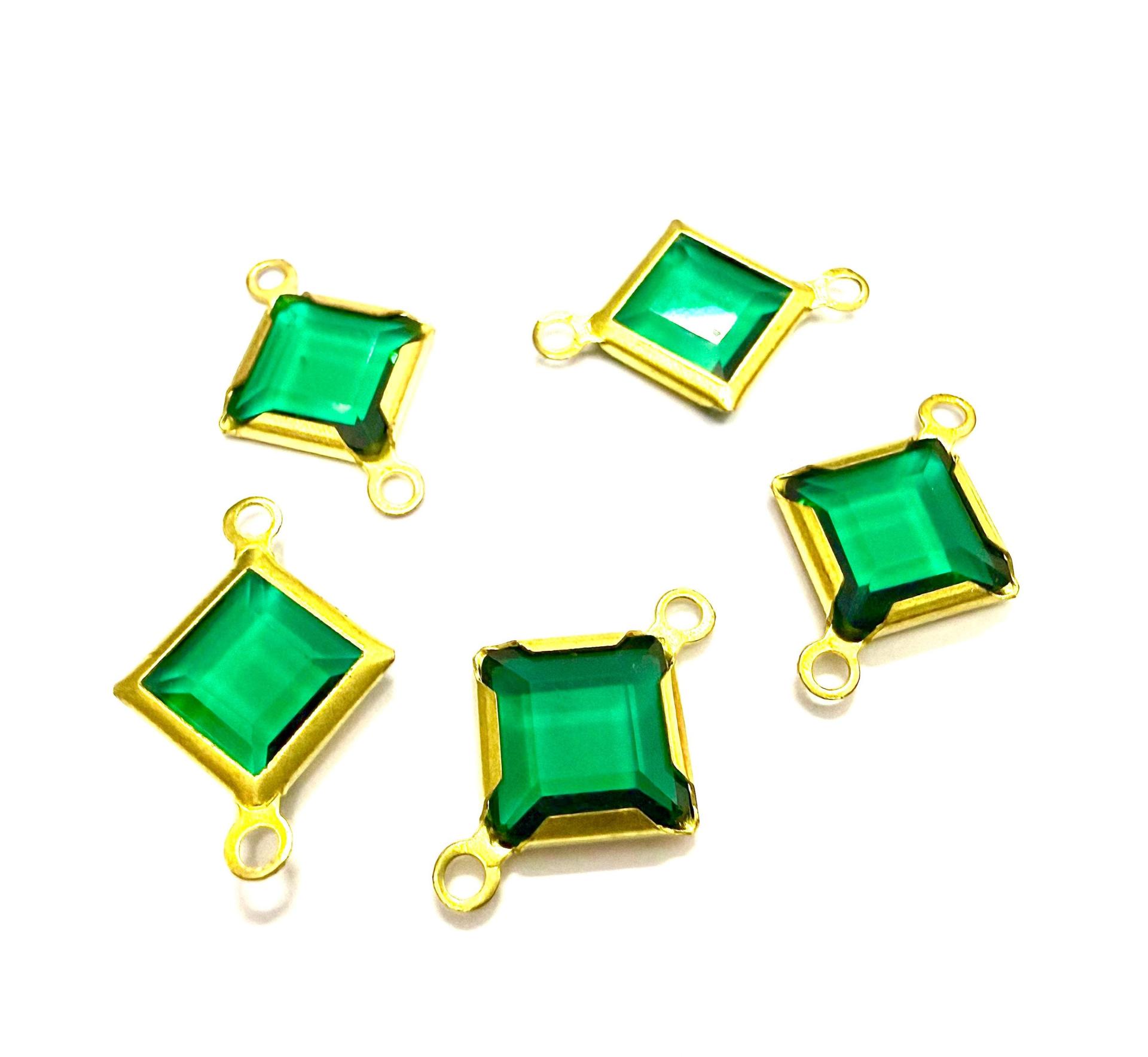 Square Vintage Swarovski Crystal 2 loops Connectors in Emerald, Brass settings