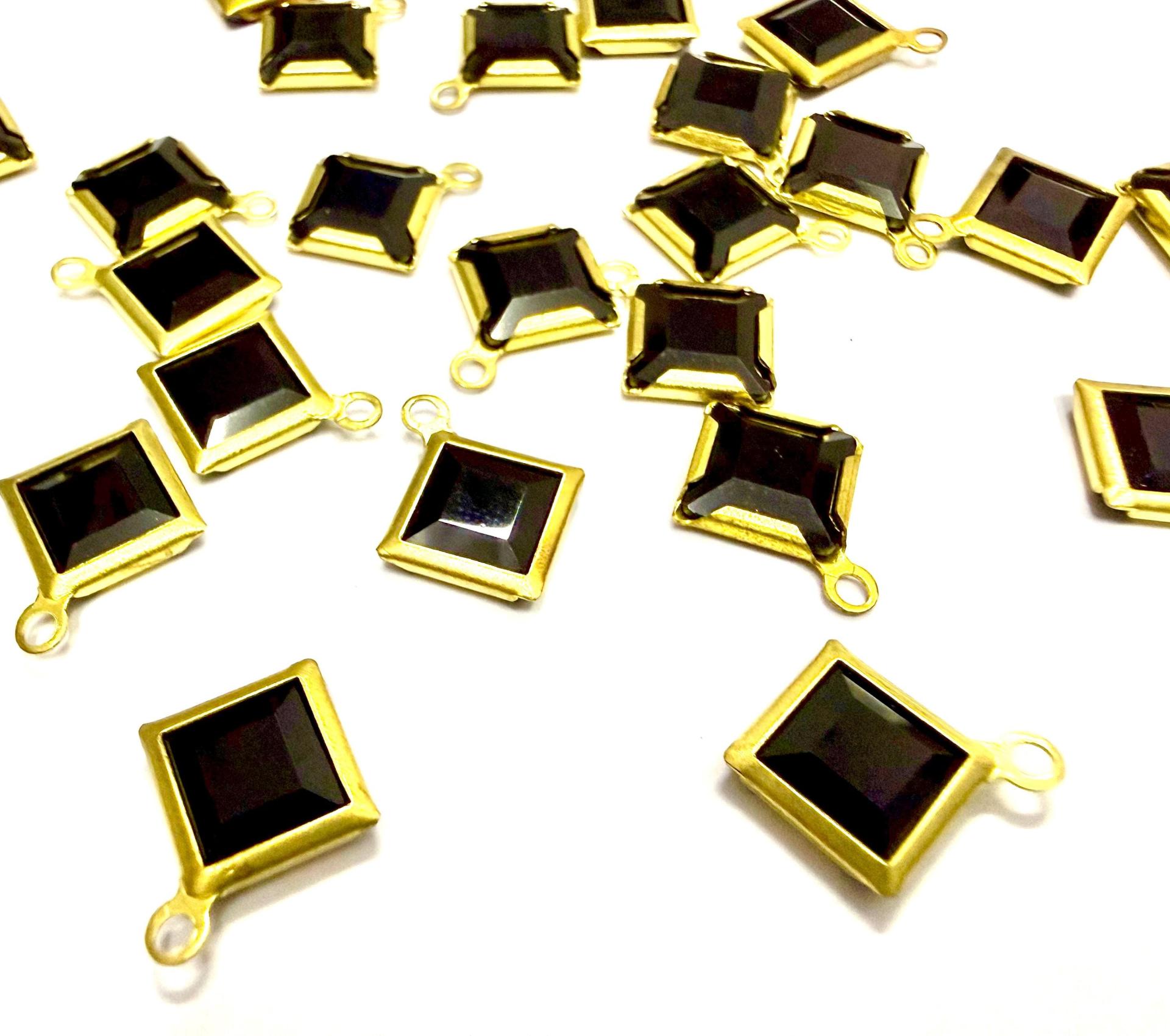 Square Vintage Swarovski Crystal 1 loop Dangle in Jet, Brass settings
