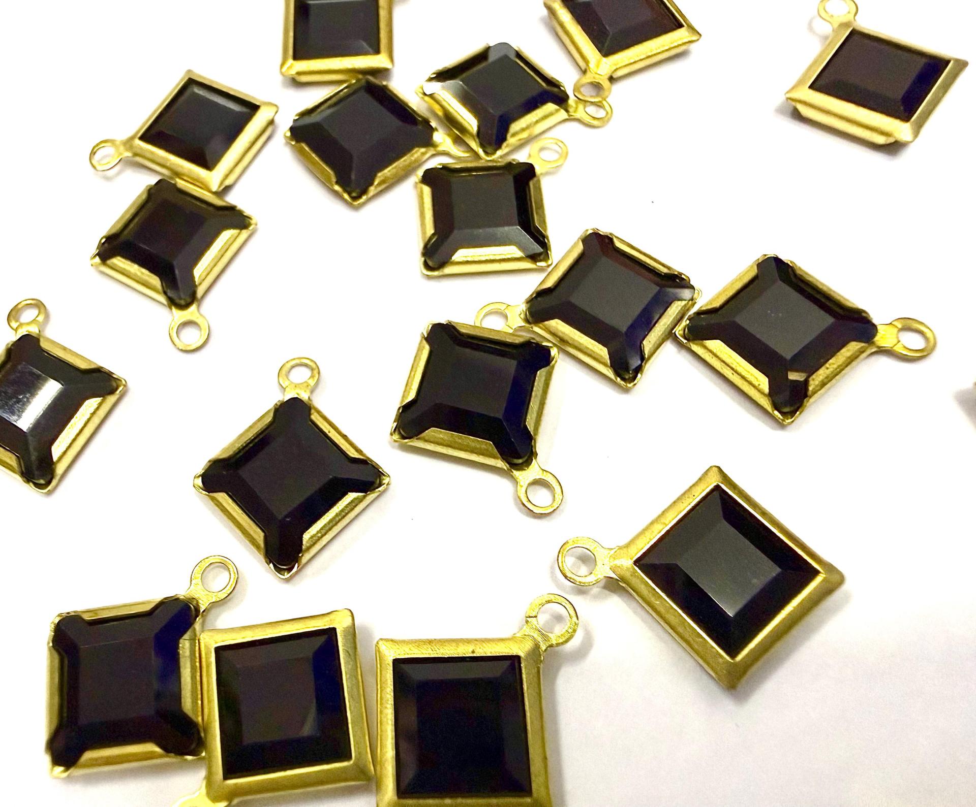 Square Vintage Swarovski Crystal 1 loop Dangle in Jet, Brass settings