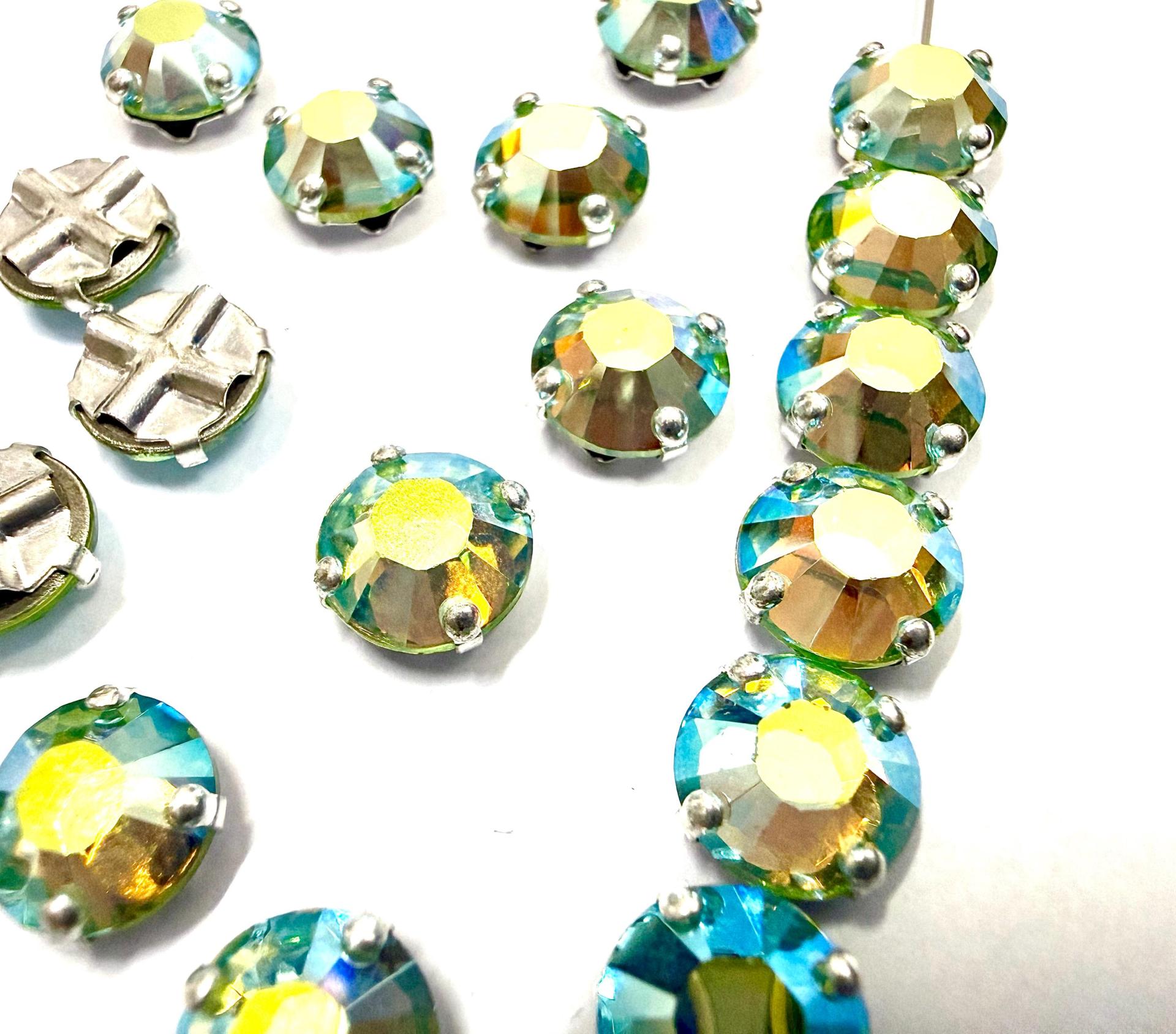 Vintage Swarovski Peridot Aurore Boreale Crystal Rose Montees, 40ss Silver Plated Settings