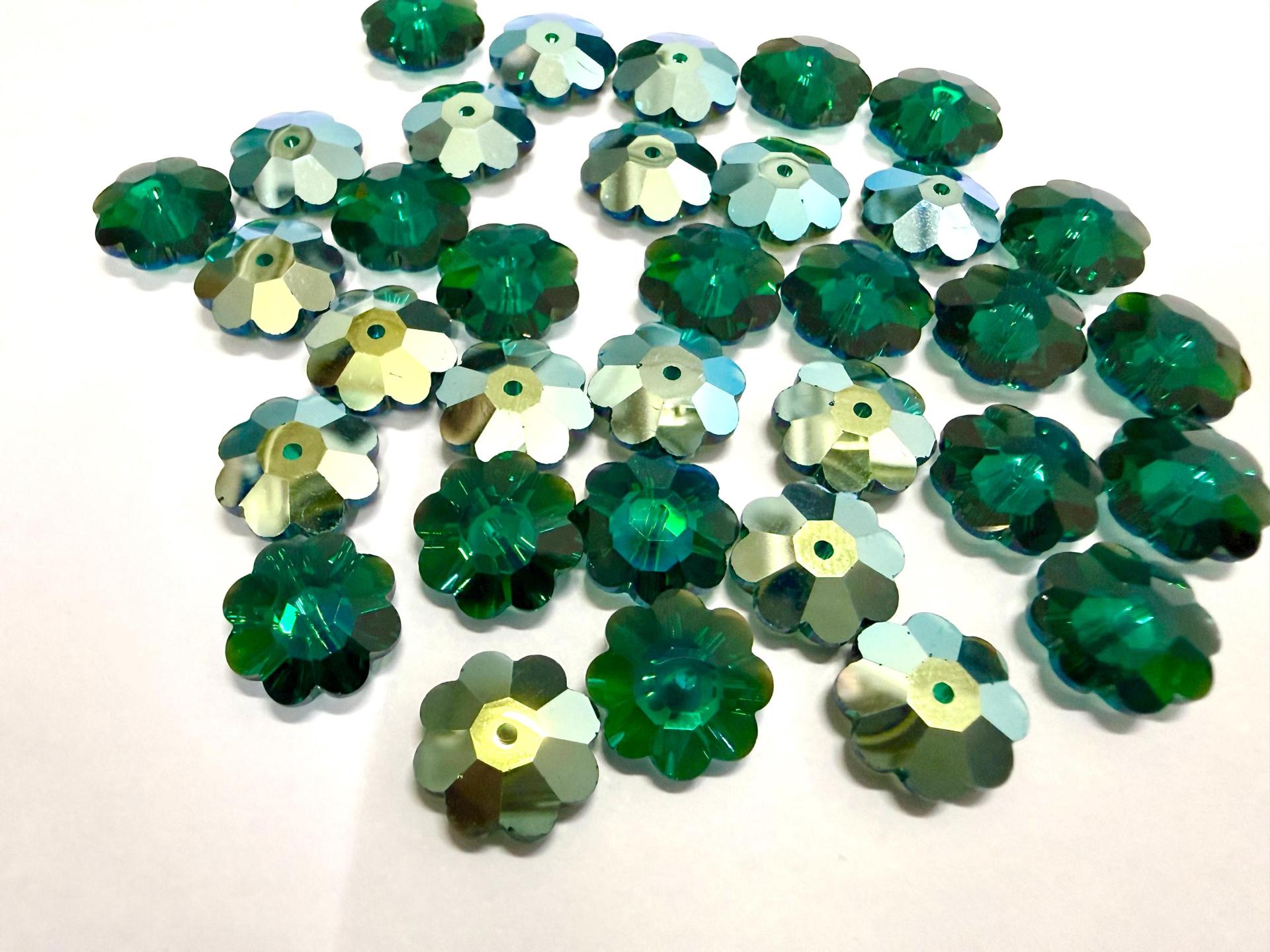 12mm Swarovski Crystal Flower Beads, Emerald Aurore Boreale Finish