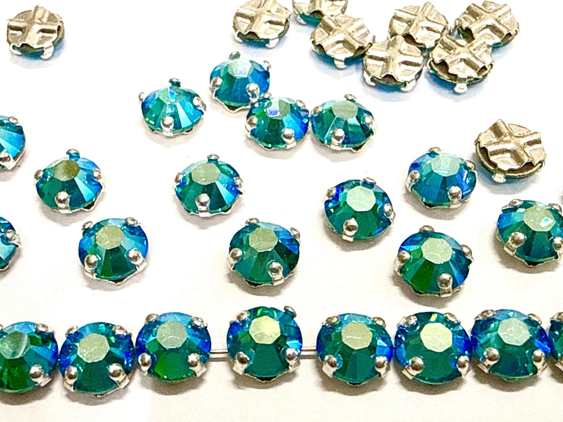 Vintage Swarovski Emerald AB Crystal Rose Montees, 34ss Silver Plated Settings