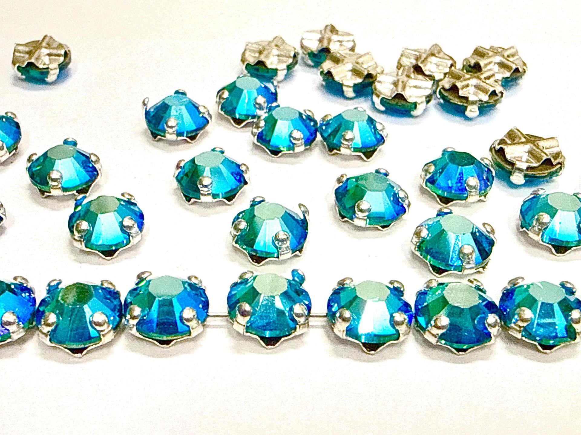 Vintage Swarovski Emerald AB Crystal Rose Montees, 34ss Silver Plated Settings
