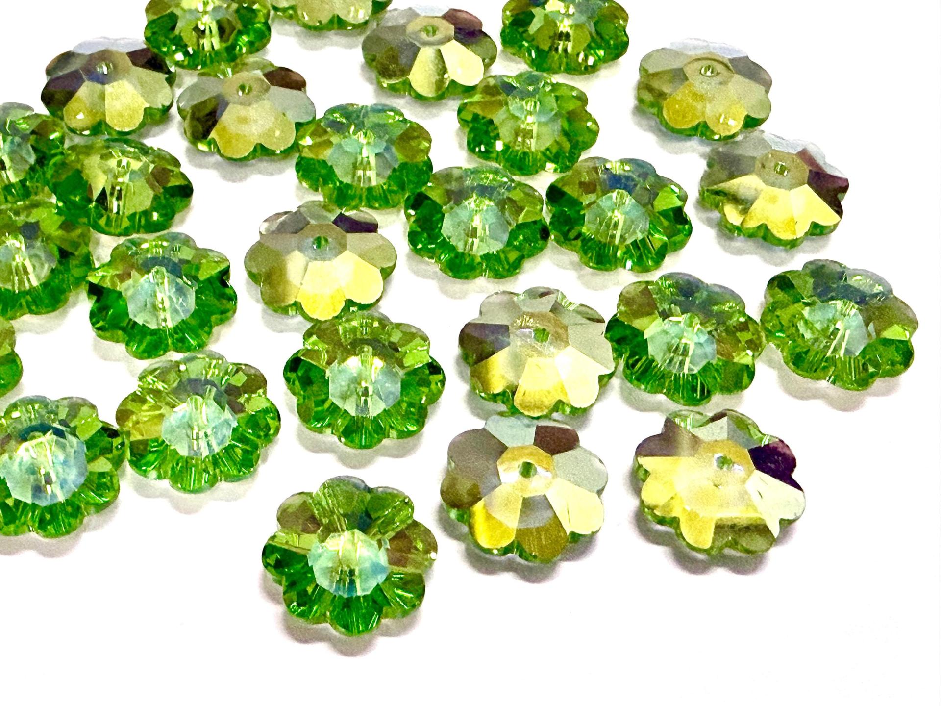 12mm Swarovski Crystal Flower Beads, Peridot Aurore Boreale Finish